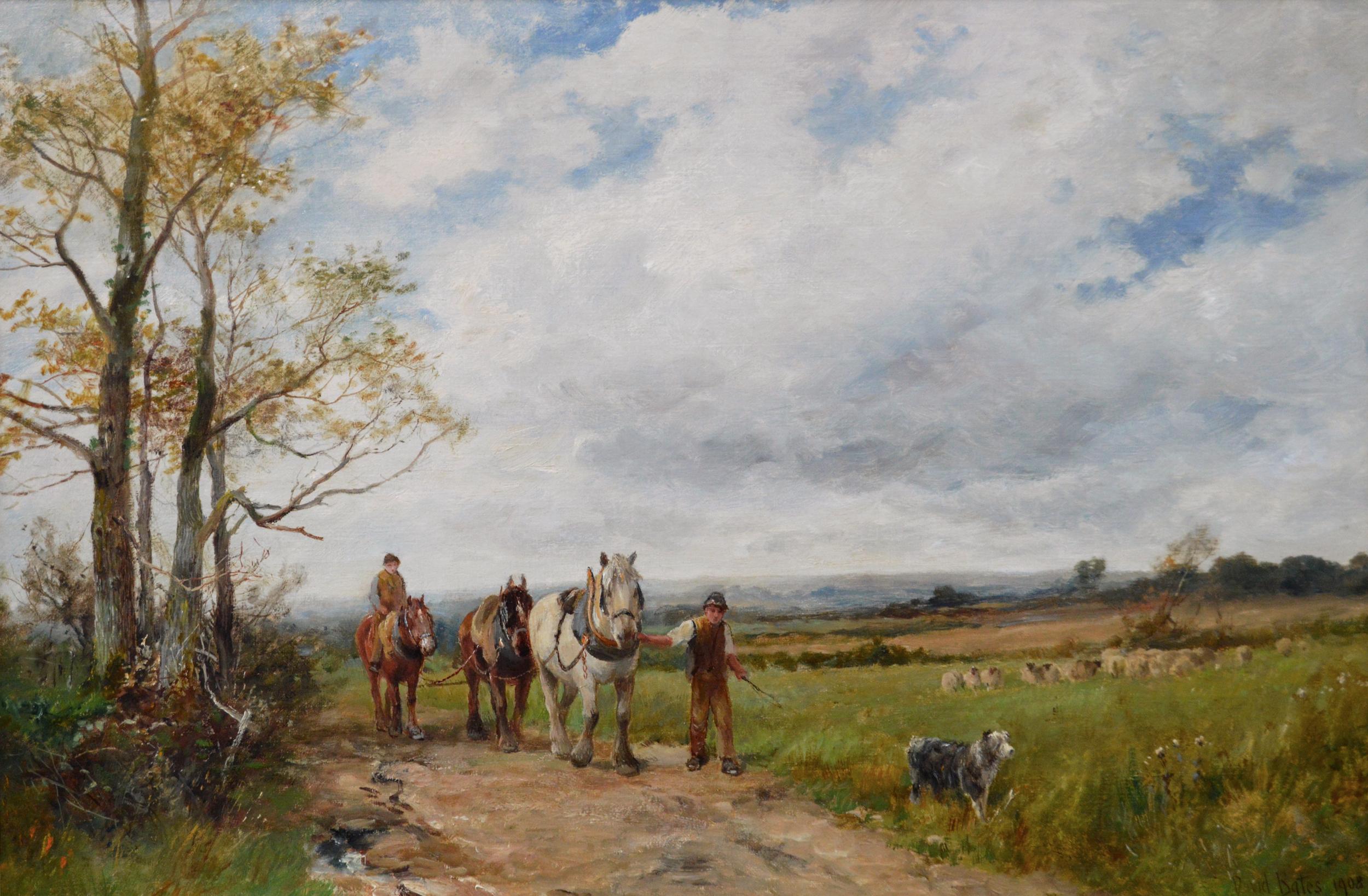 Peinture à l'huile du Worcestershire du début du 20e siècle représentant une équipe de travailleurs du plough  - Painting de David Bates b.1840
