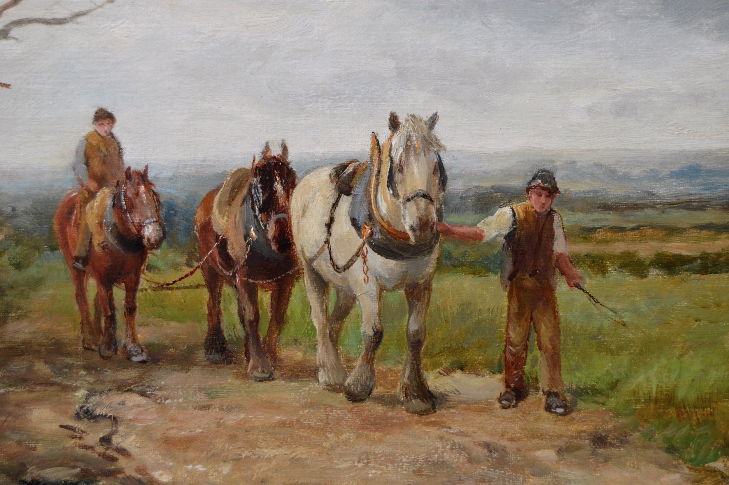 Peinture à l'huile du Worcestershire du début du 20e siècle représentant une équipe de travailleurs du plough  - Victorien Painting par David Bates b.1840