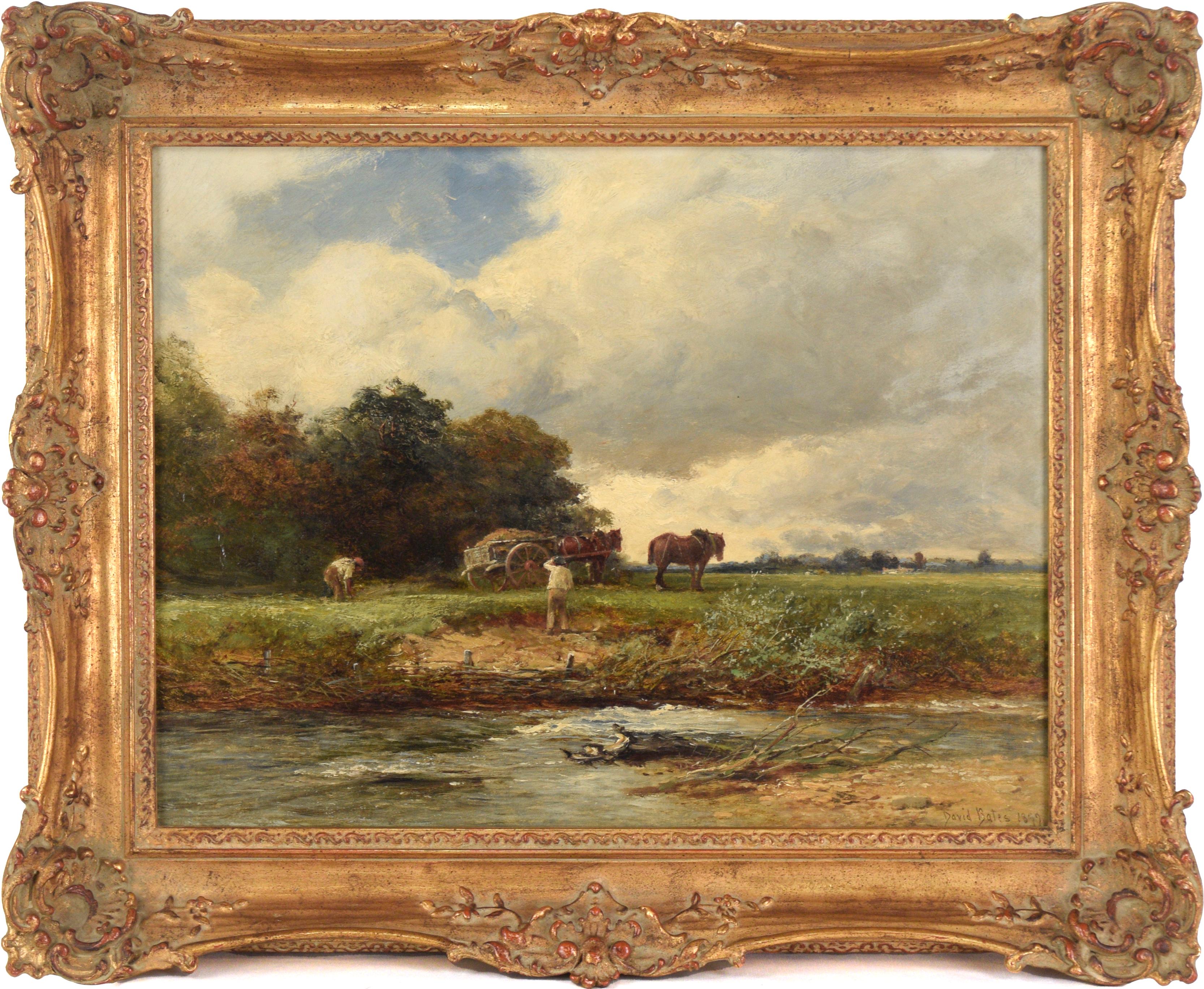 David Bates b.1840 Landscape Painting – ""Mending the Bank"" 1899 - Englisches Pastoral-Ölgemälde auf Leinen von David Bates 