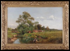 Victorian Oil Painting: A Conversation by the Bridge, Circa 1890s