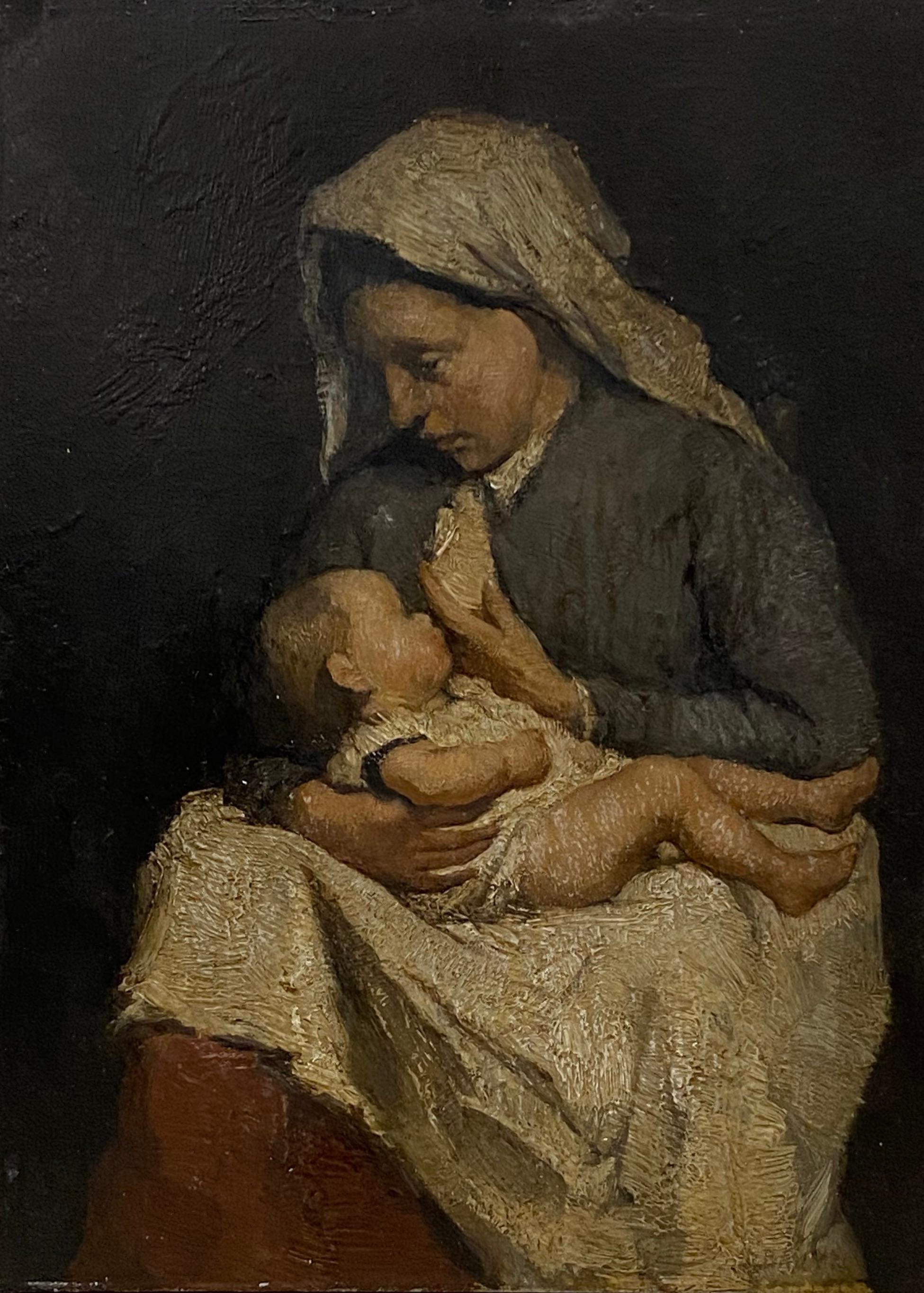 David Bautz 'Holländisches' Ölporträt einer jungen Mutter mit Kind, um 1920 (20. Jahrhundert) im Angebot