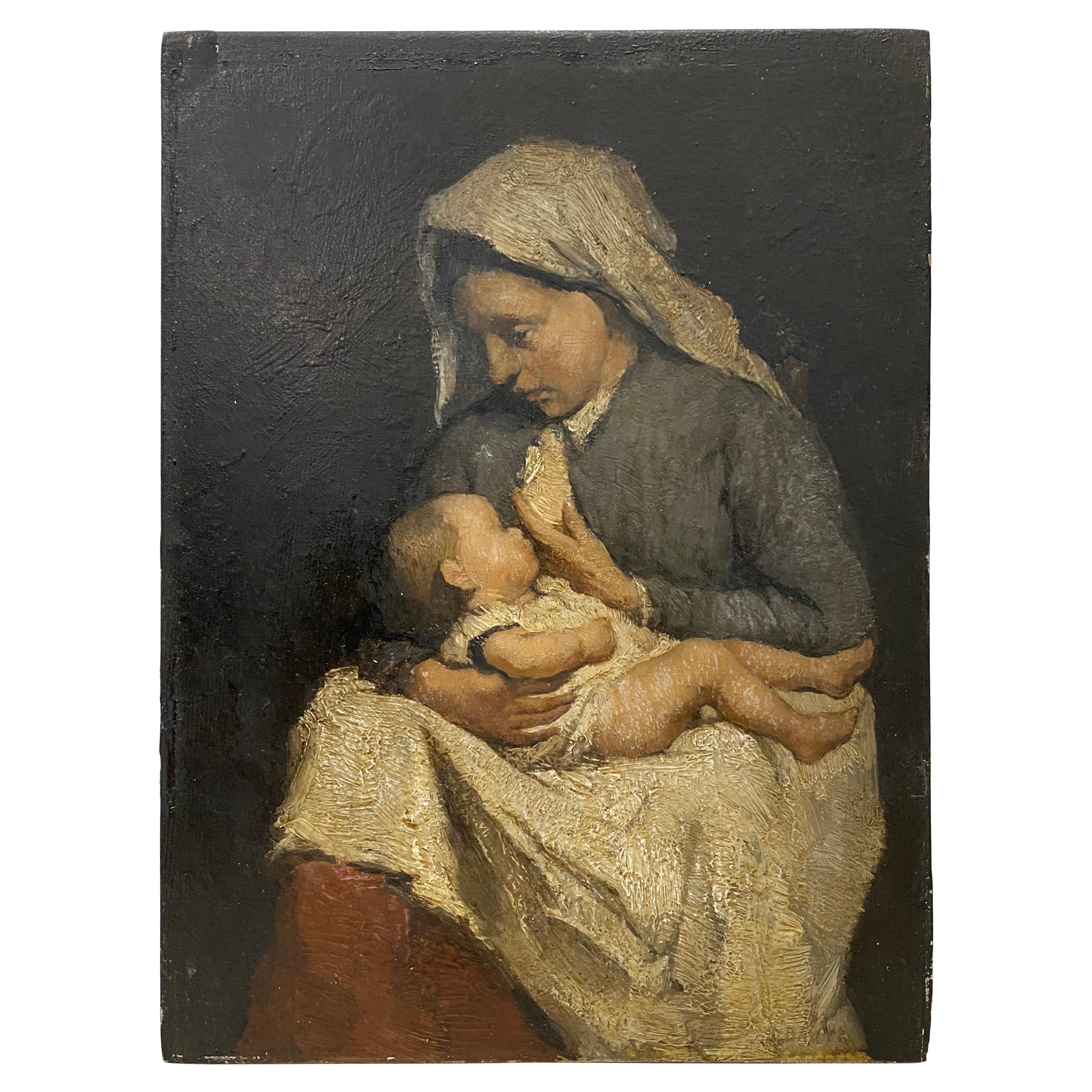 David Bautz 'Dutch' Oil Portrait of a Young Mother and Child, circa 1920 (Portrait à l'huile d'une jeune mère et de son enfant)