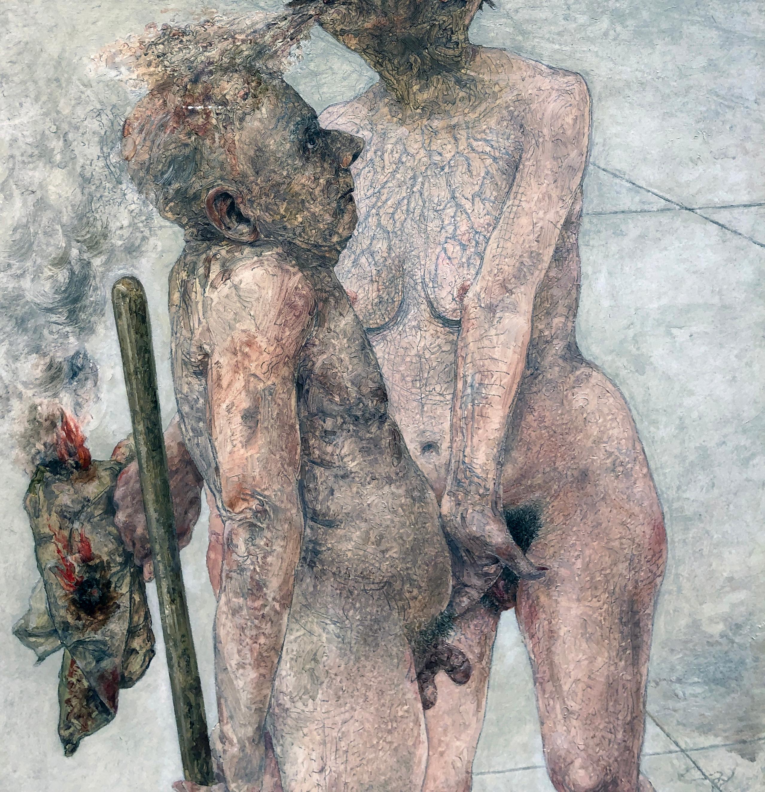 Gluttony, The Seven Deadly Sins Series, Nude Figures, Oil on Watercolor Paper - Brown Nude Painting by David Becker