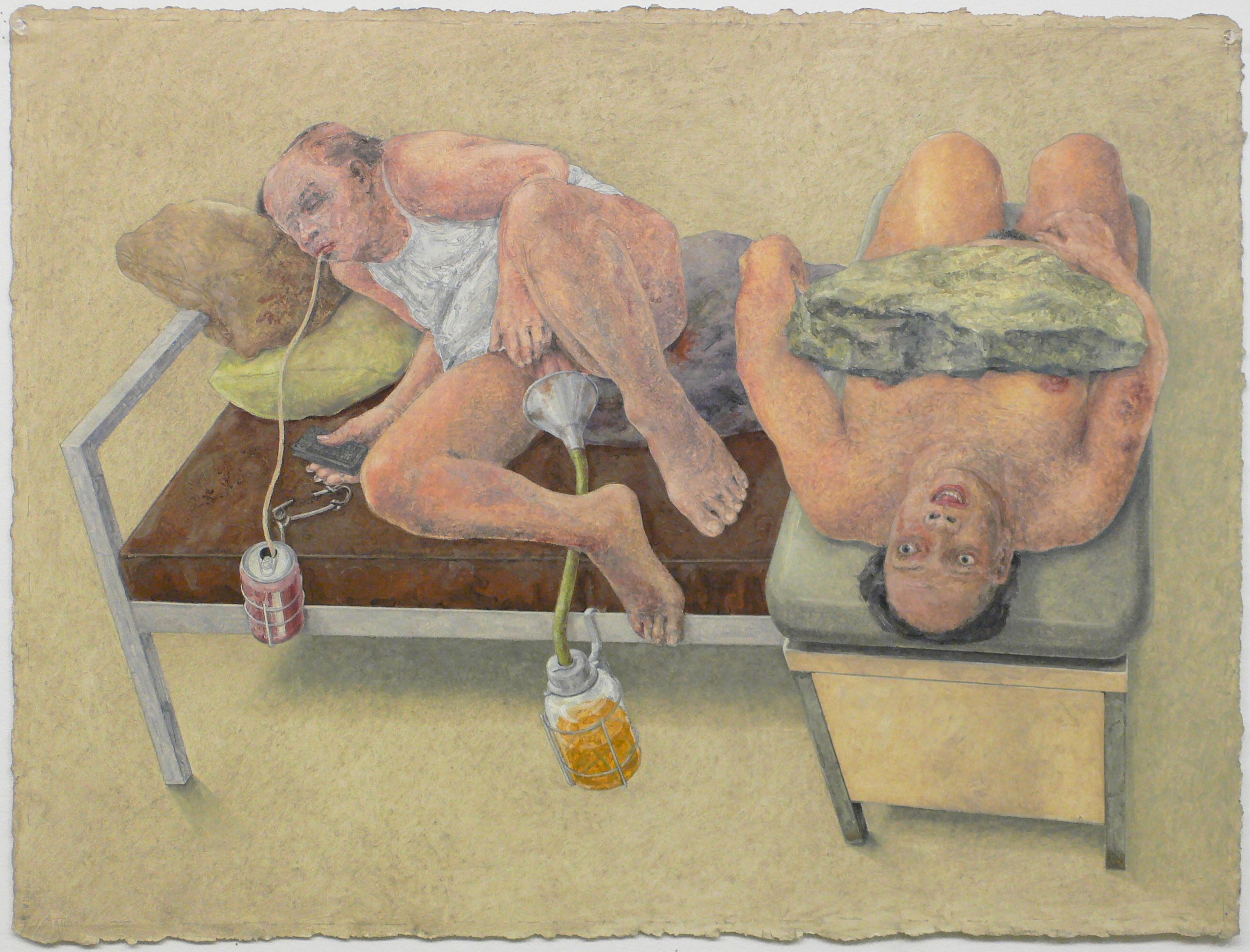 Nude Painting David Becker - Sloth, de la série « Seven Deadly Sins », figures nues, huile sur papier aquarelle