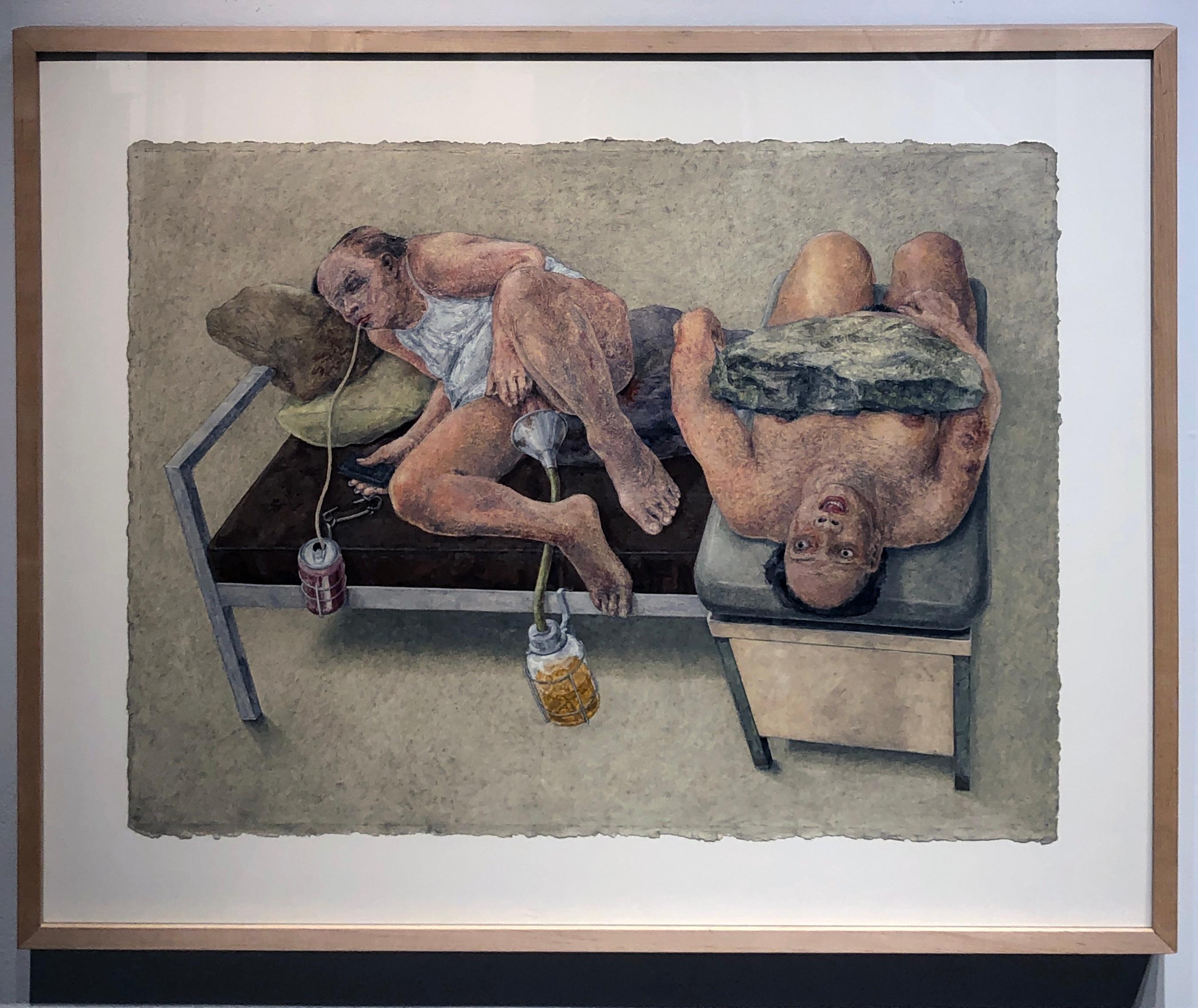 Sloth, de la série « Seven Deadly Sins », figures nues, huile sur papier aquarelle - Marron Nude Painting par David Becker
