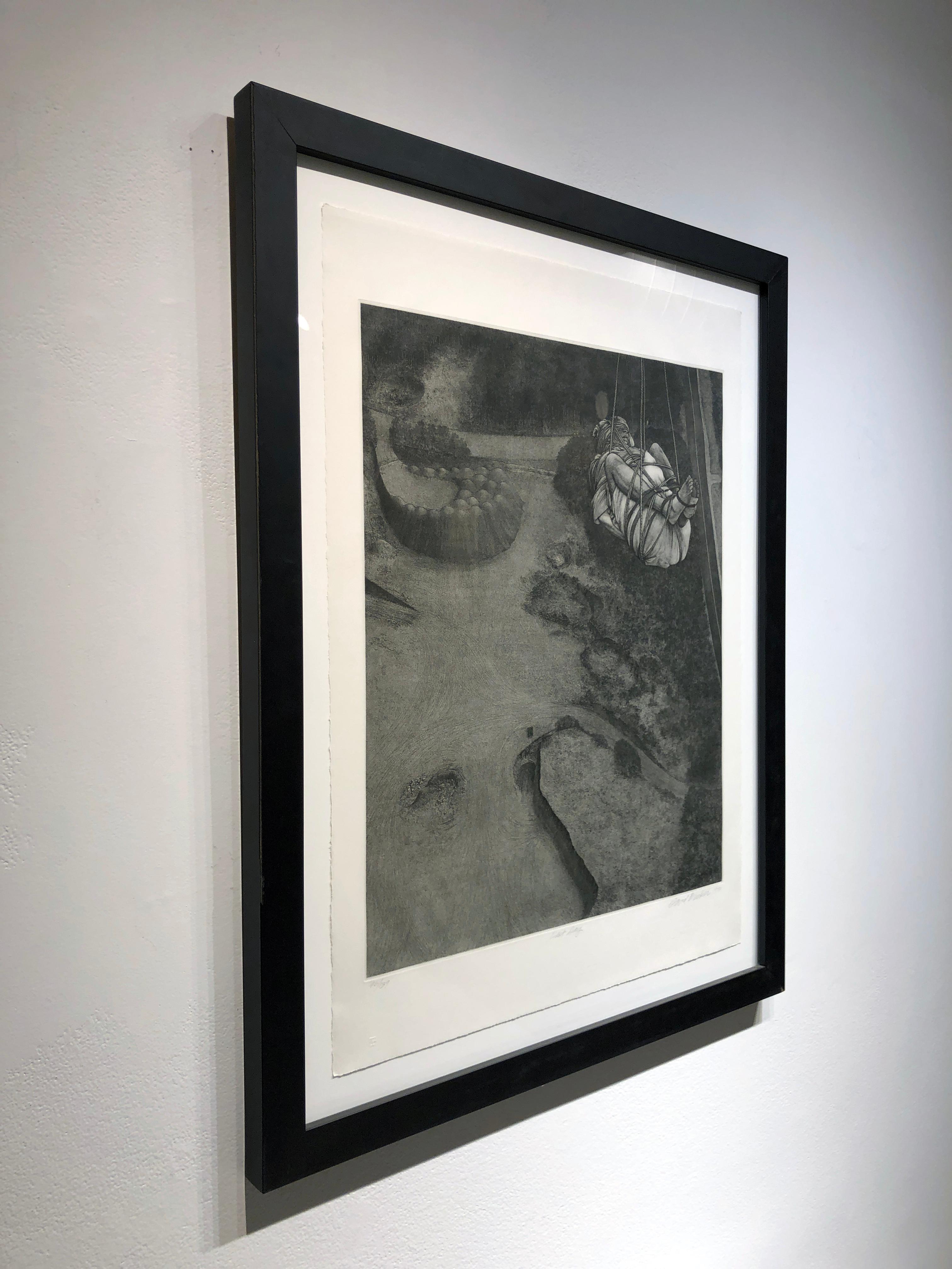  Last Day, Bound Figure, Dangling Over Sparse Landscape, Etching - Print by David Becker