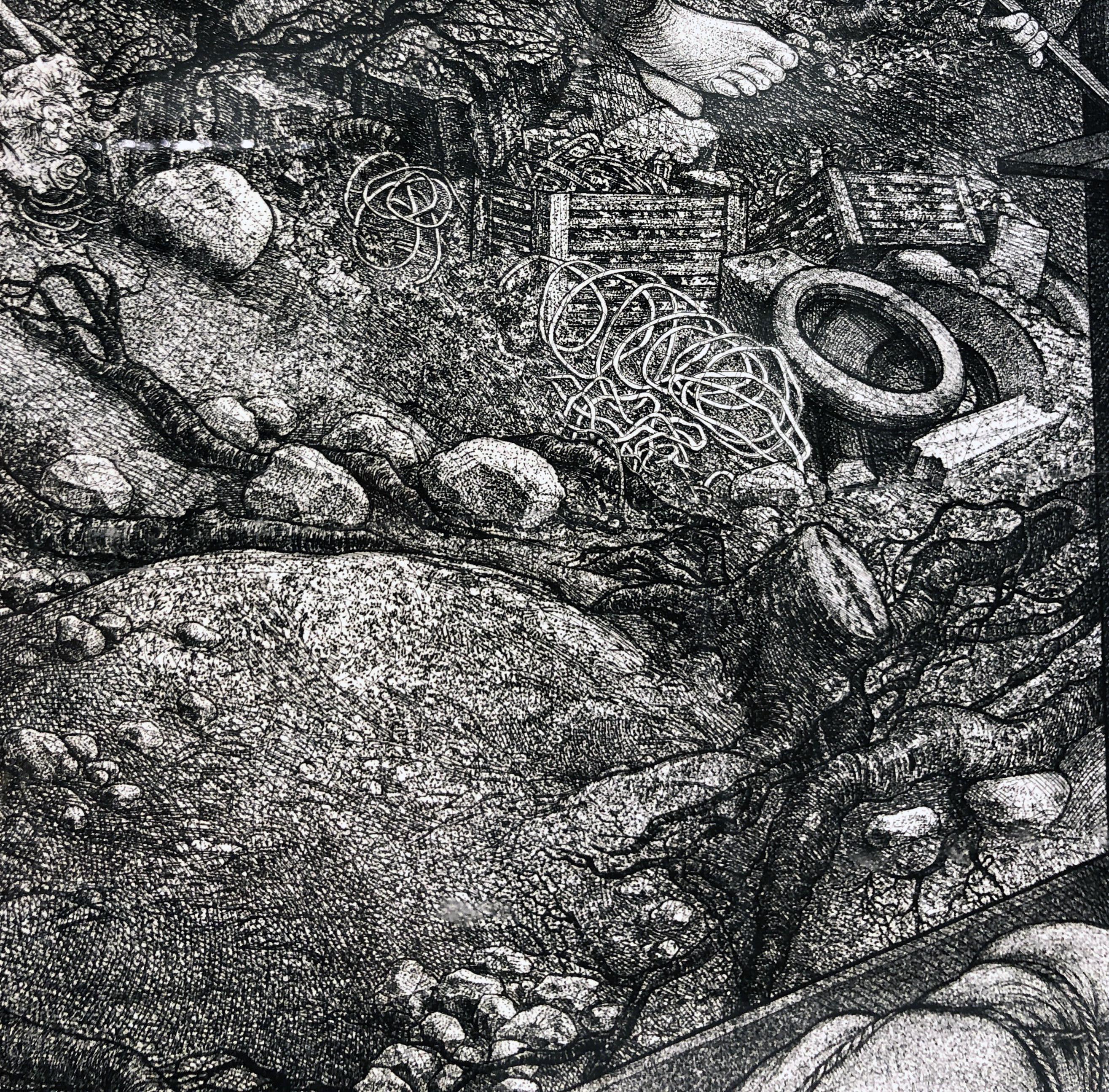 Monuments - Highly Detailed Allegorical, Surreal Etching with Multiple Figures - Black Nude Print by David Becker