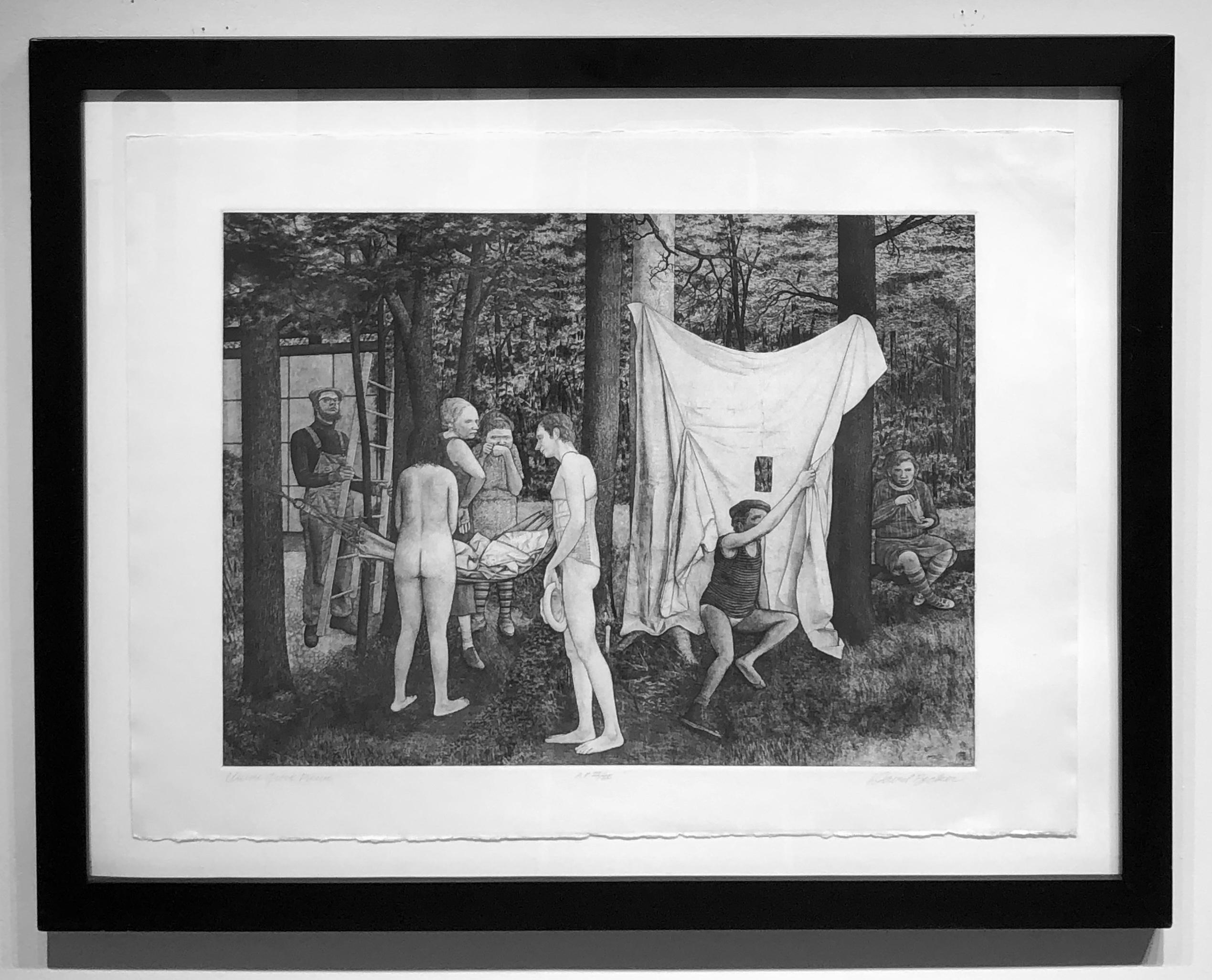 Union Grove Picnic -Surreal Allegorical Landscape with Multiple Figures, Etching - Print by David Becker