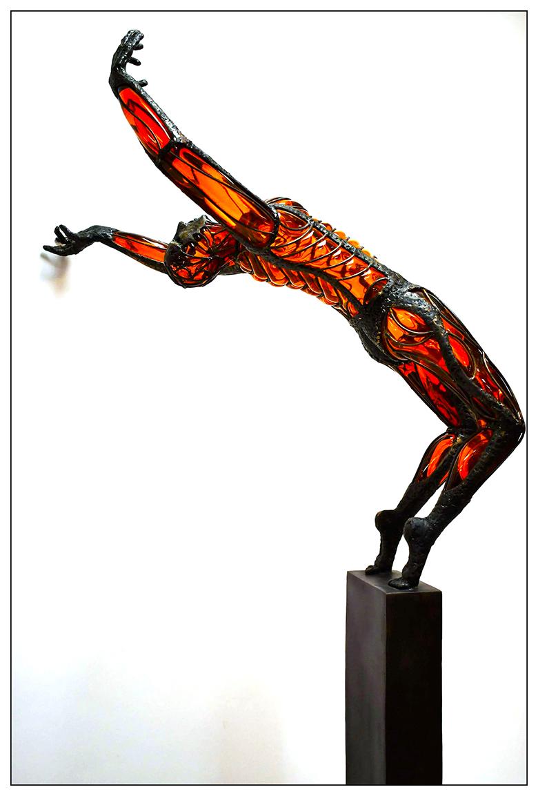 David Bennett Large & Authentic Full Round Hand Blown Glass & Bronze Sculpture 