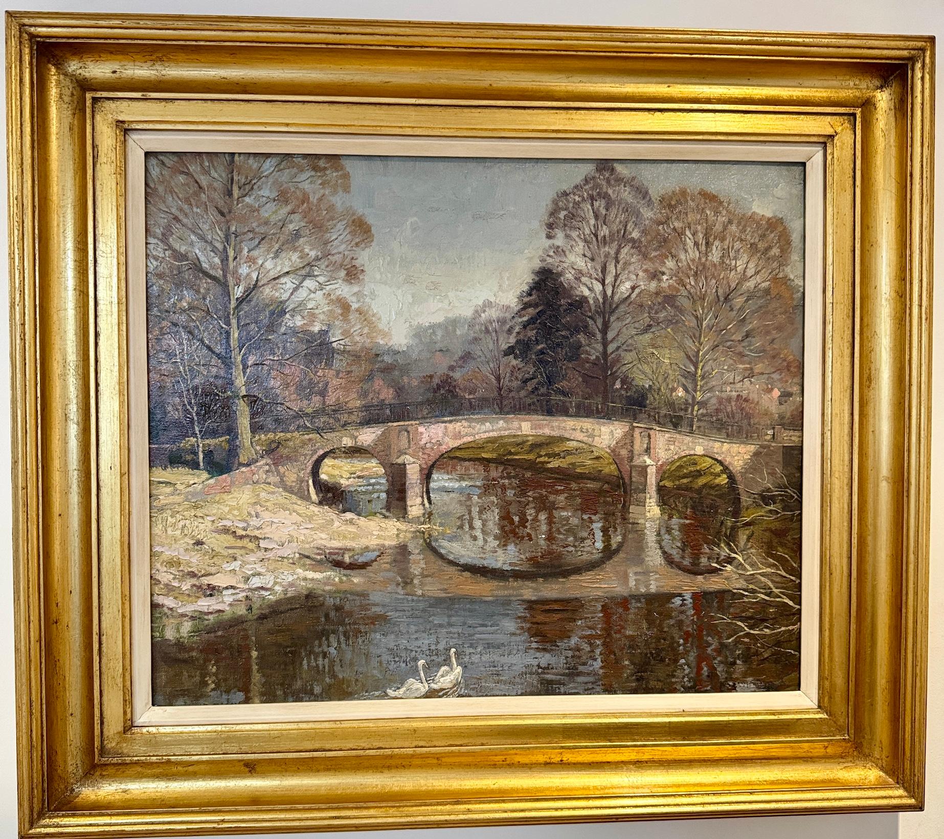David Birch ROI Figurative Painting - British Impressionist Autumn River landscape, Bridge over the River Mole