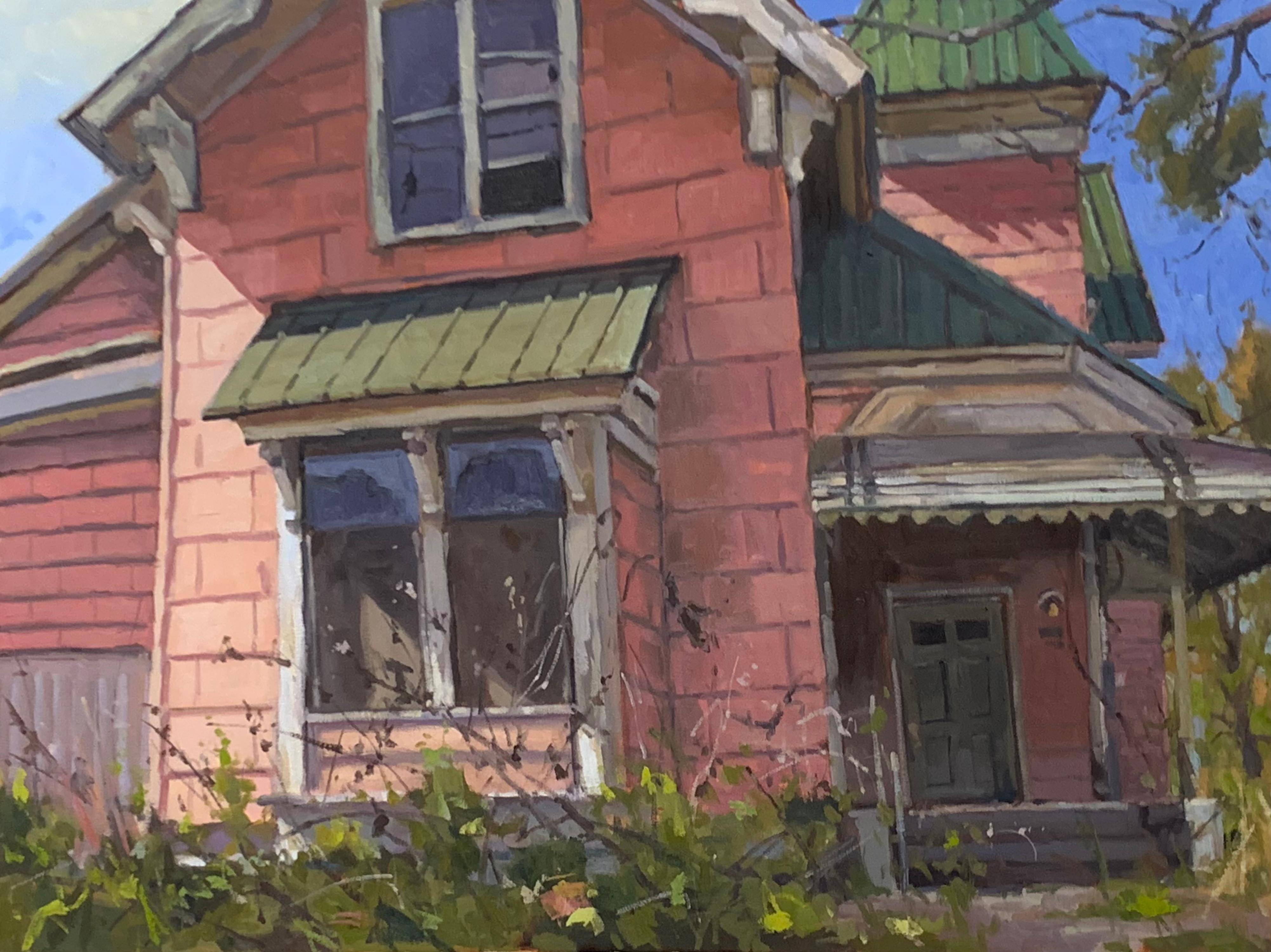 Landscape Painting di David Boyd - "Boarded Up" - pittura plein-air, campagna, casa, architettura, impressionismo