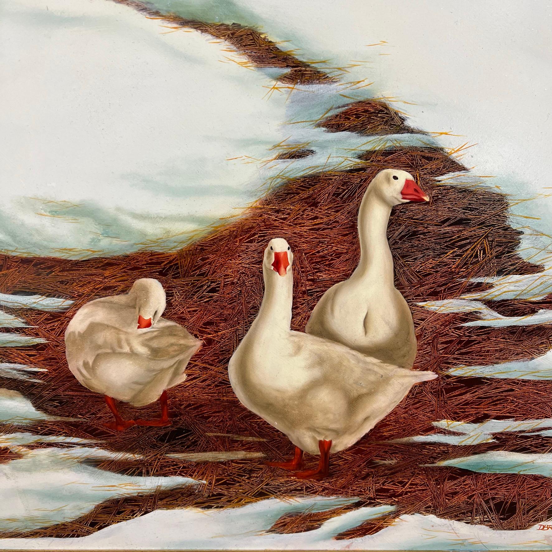 A masterful American Realist painting of geese in the snow by the noted tromp l'oeil artist David Brega, circa early 1970s. It’s hard not to draw parallels between this diagonal composition, with its elongated hillside and weathered farmhouse