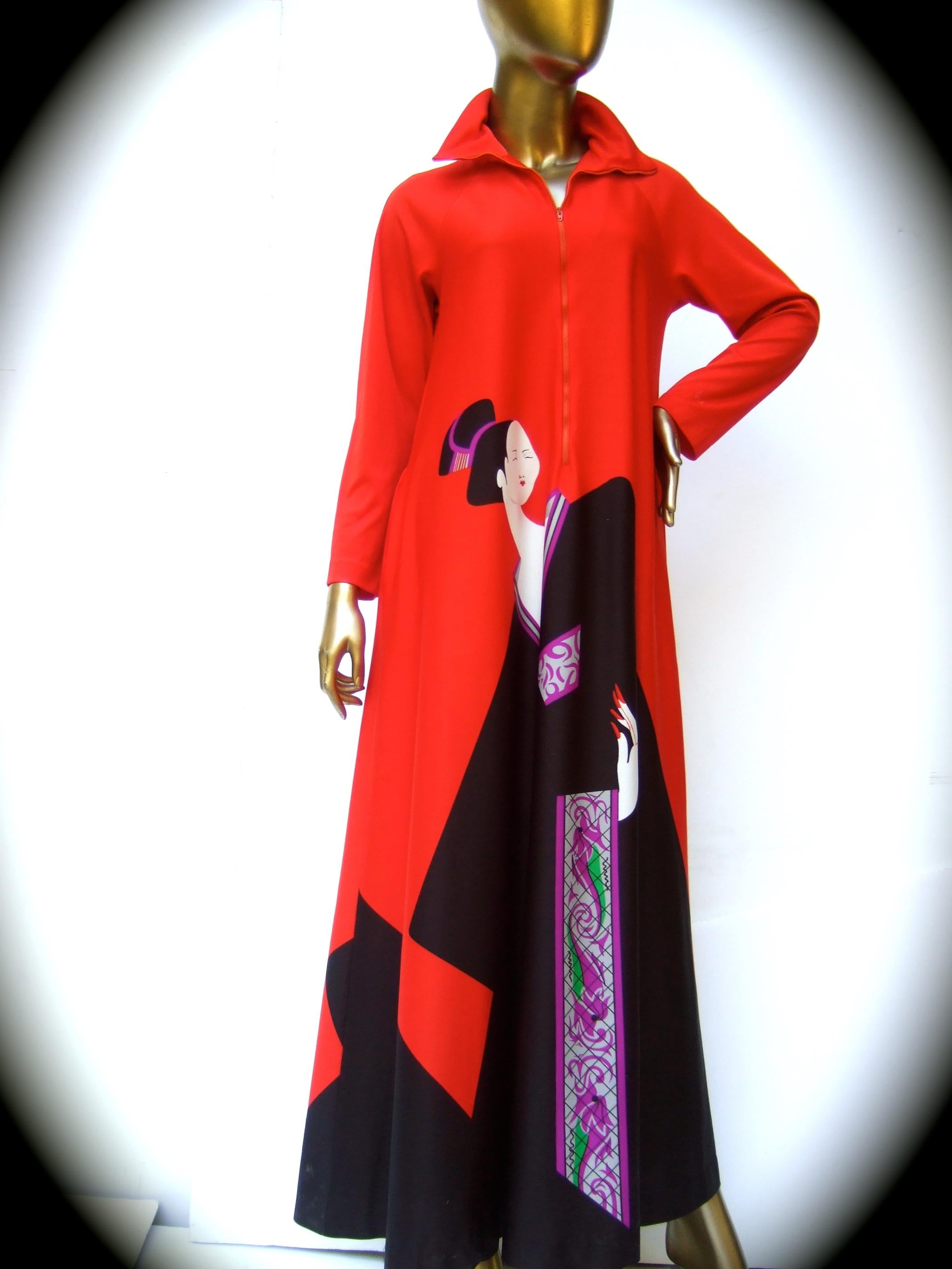 David Brown for Saks Fifth Avenue Bold graphic print poly knit patio lounge gown c 1970s
The stylish poly knit gown is illustrated with Japanese style woman on both 
the front & back sides 

The poly knit lounge gown partially zippers up the center