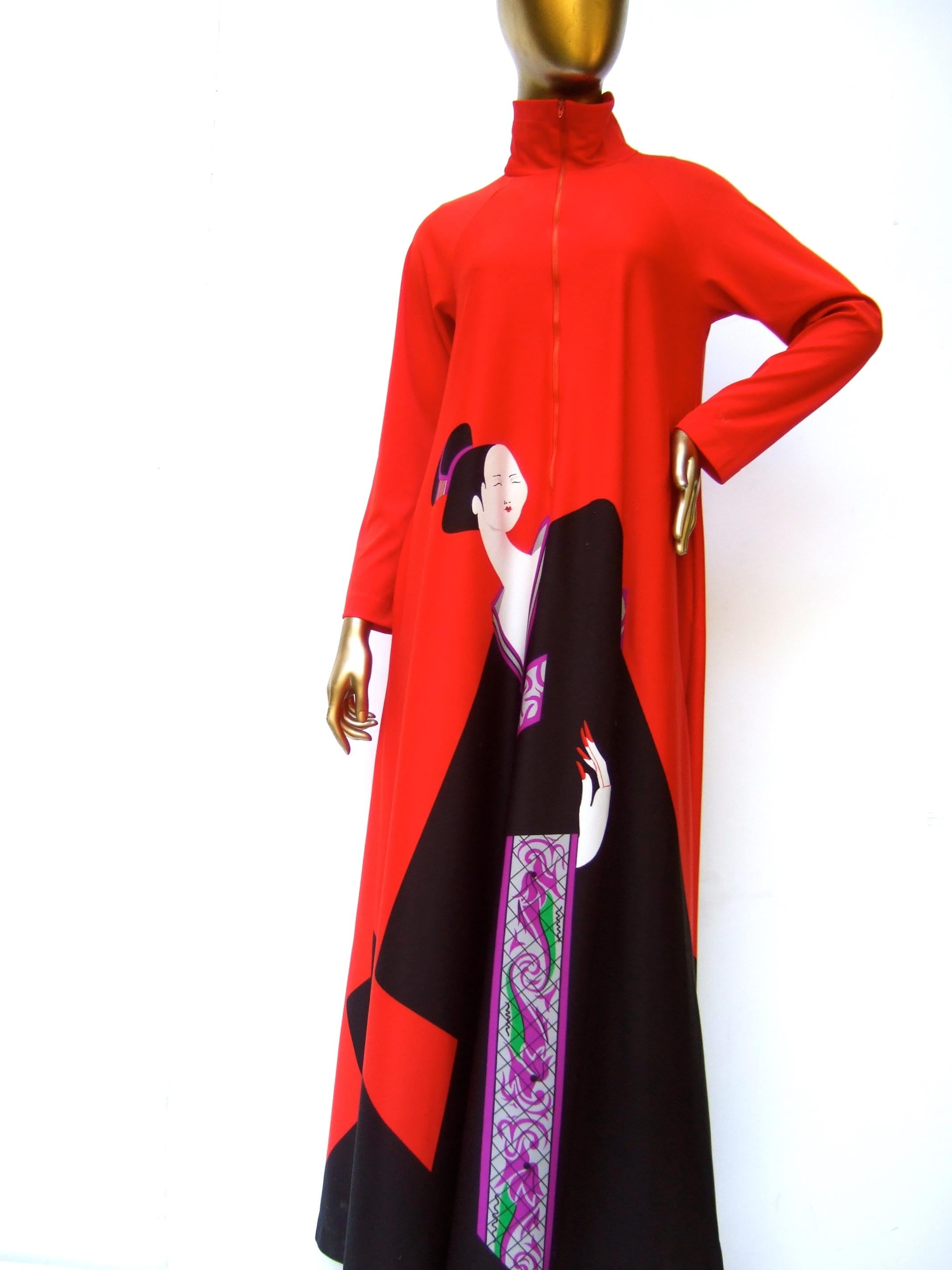 Red David Brown for Saks Fifth Avenue Chic Bold Poly Knit Patio Lounge Gown c 1970s For Sale