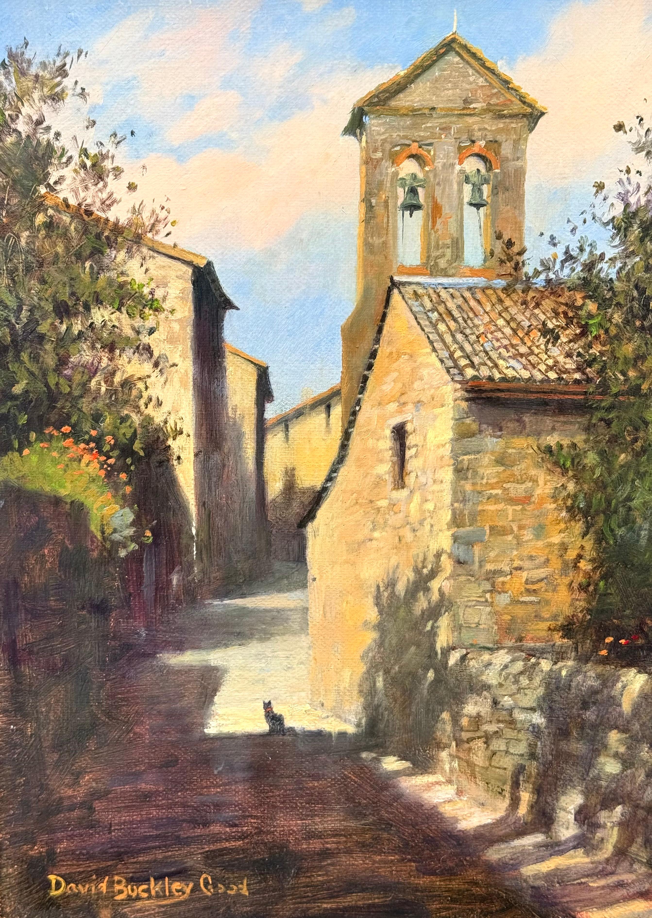 Original oil on board painting of the historic town of Montalcino in Italy by the well known American artist, David Buckley Good.  Signed by the artist lower left.  Titled verso.  Greenhouse Gallery of Fine Art exhibition label verso. Condition is