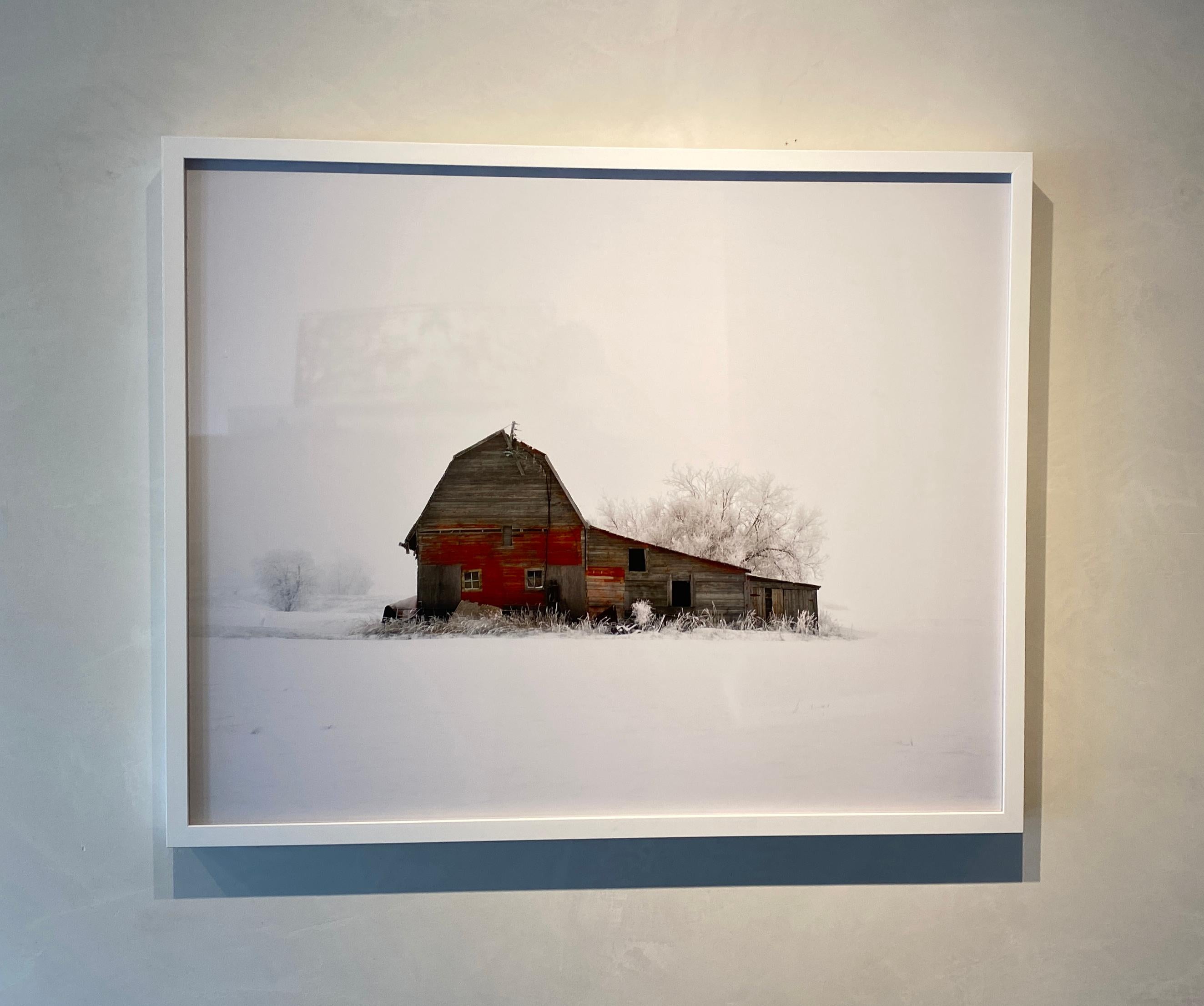 Barn with Hoarfrost- Landscape photograph framed in white - Photograph by David Burdeny