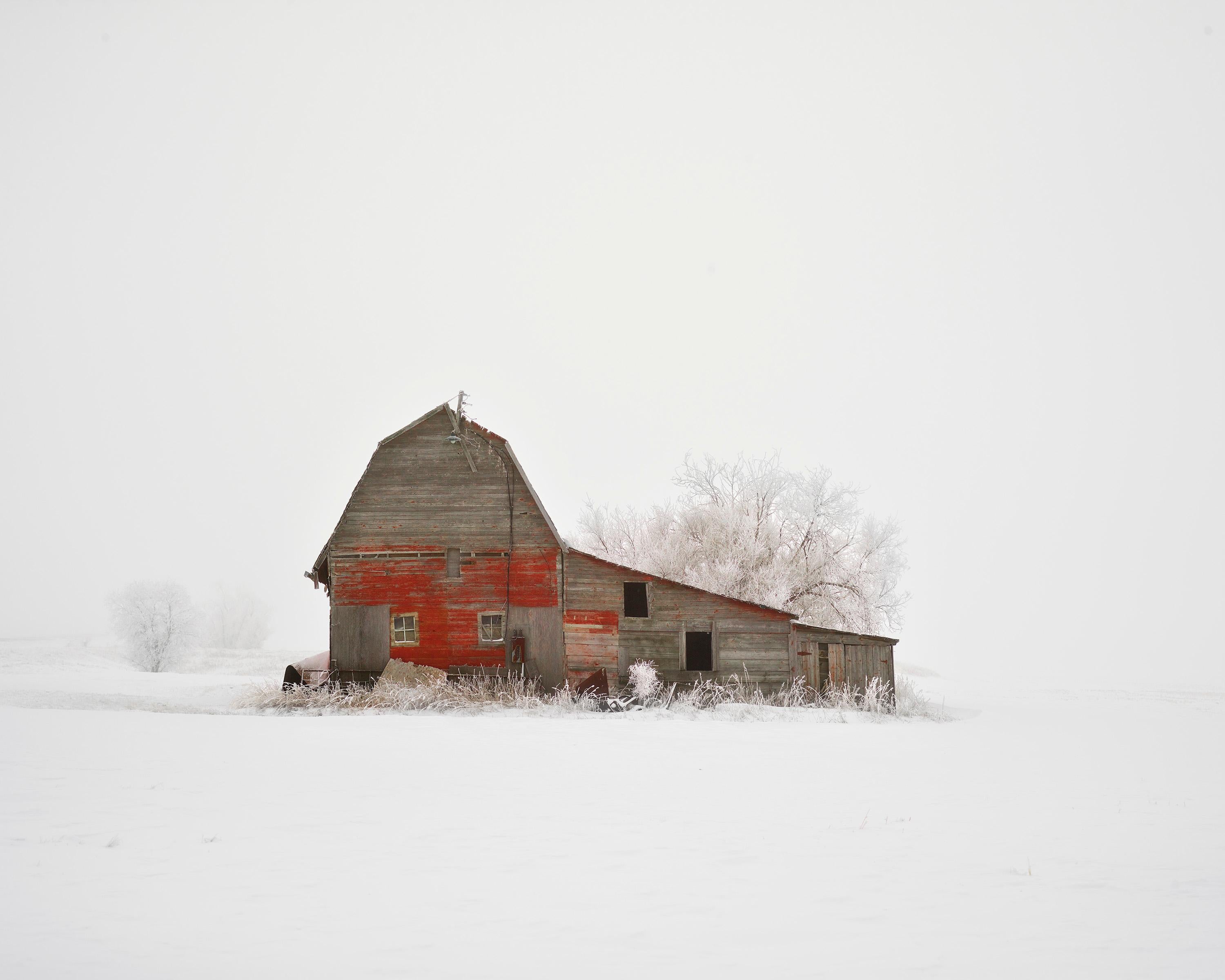 David Burdeny Landscape Photograph - Barn with Hoarfrost- Landscape photograph framed in white