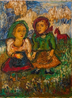 David Burliuk "2 donne e un cavallo rosso" Olio su tela
