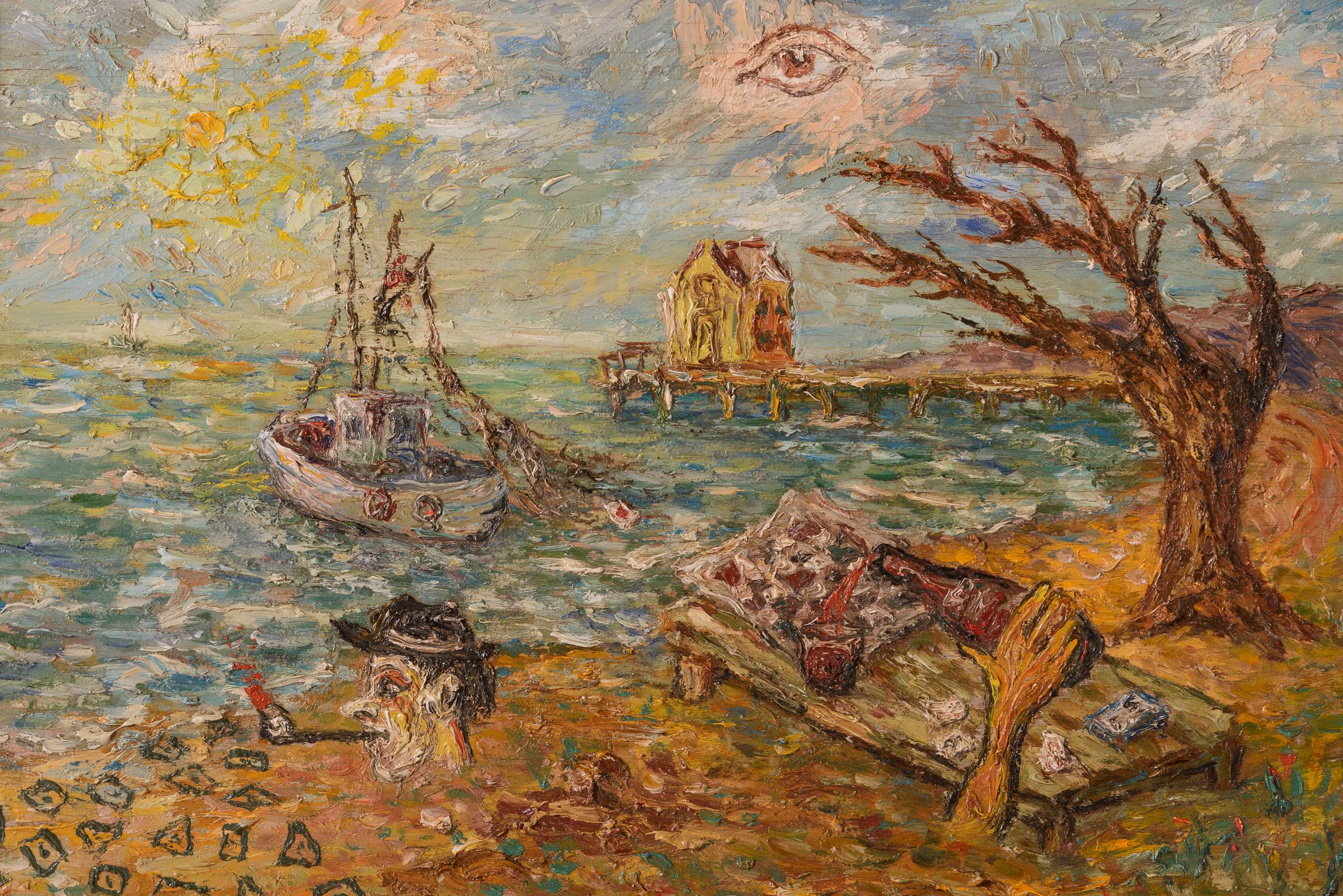 David Burliuk painting on board
Signed
Typical heavy impasto Technique 
A good example combining landscape and surrealism.
