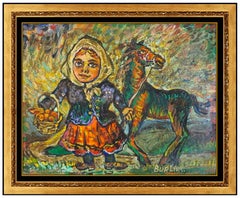 David Burliuk Original Oil Painting On Board Child Portrait Horse Signed Artwork