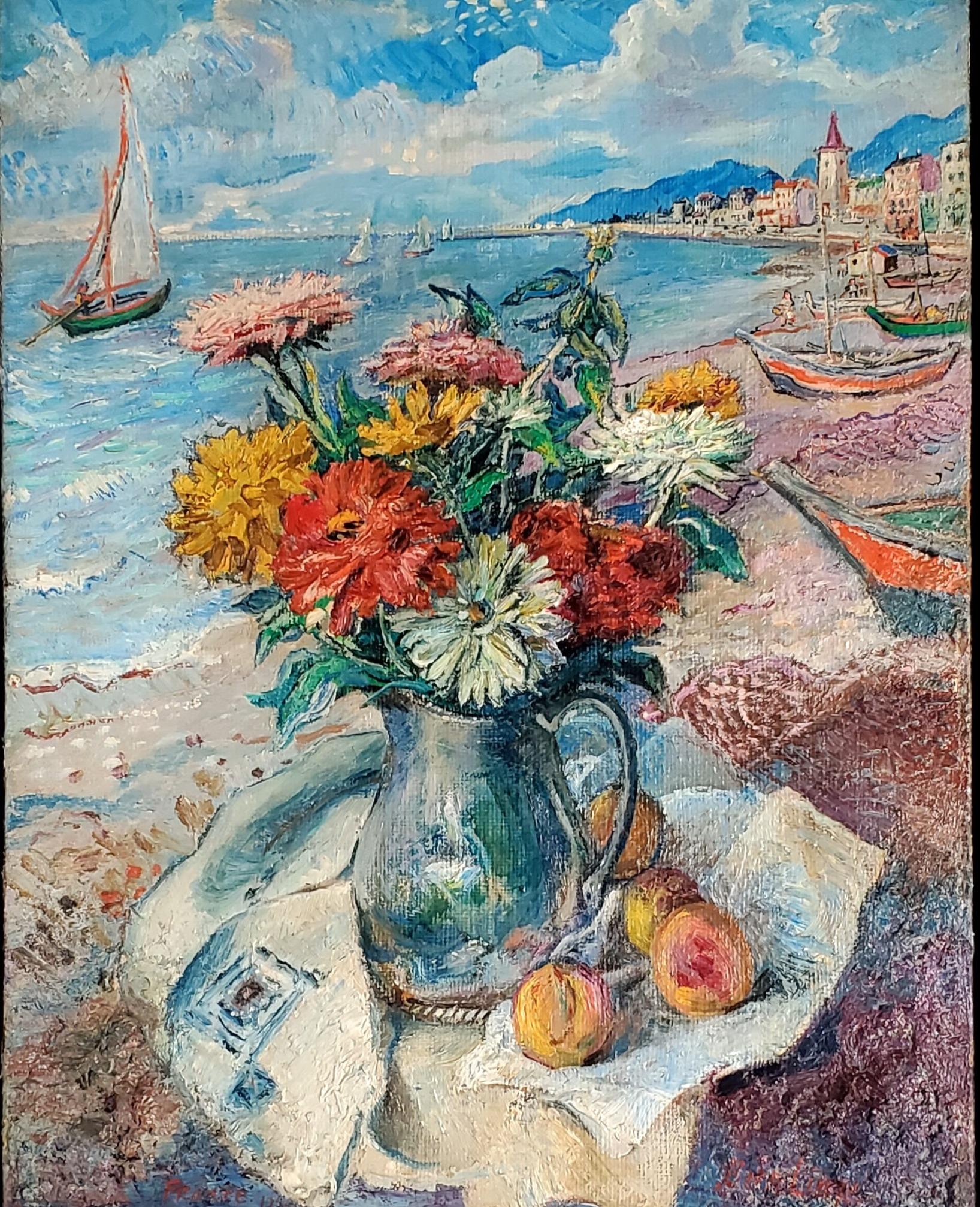 Naturaleza muerta en la playa de Francia - Painting Impresionista abstracto de David Burliuk