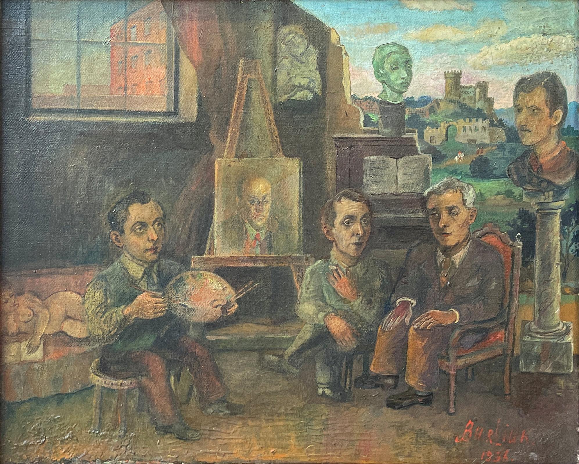 David Davidovich Burliuk (1882 - 1967)
Les frères Soyer et Nicolaï Cikovsky dans le studio, 1936
Huile sur toile
16 x 20 pouces
Signé et daté en bas à droite
Dans le cadre d'origine

Provenance :
Collection privée, New York

Considéré comme le "père
