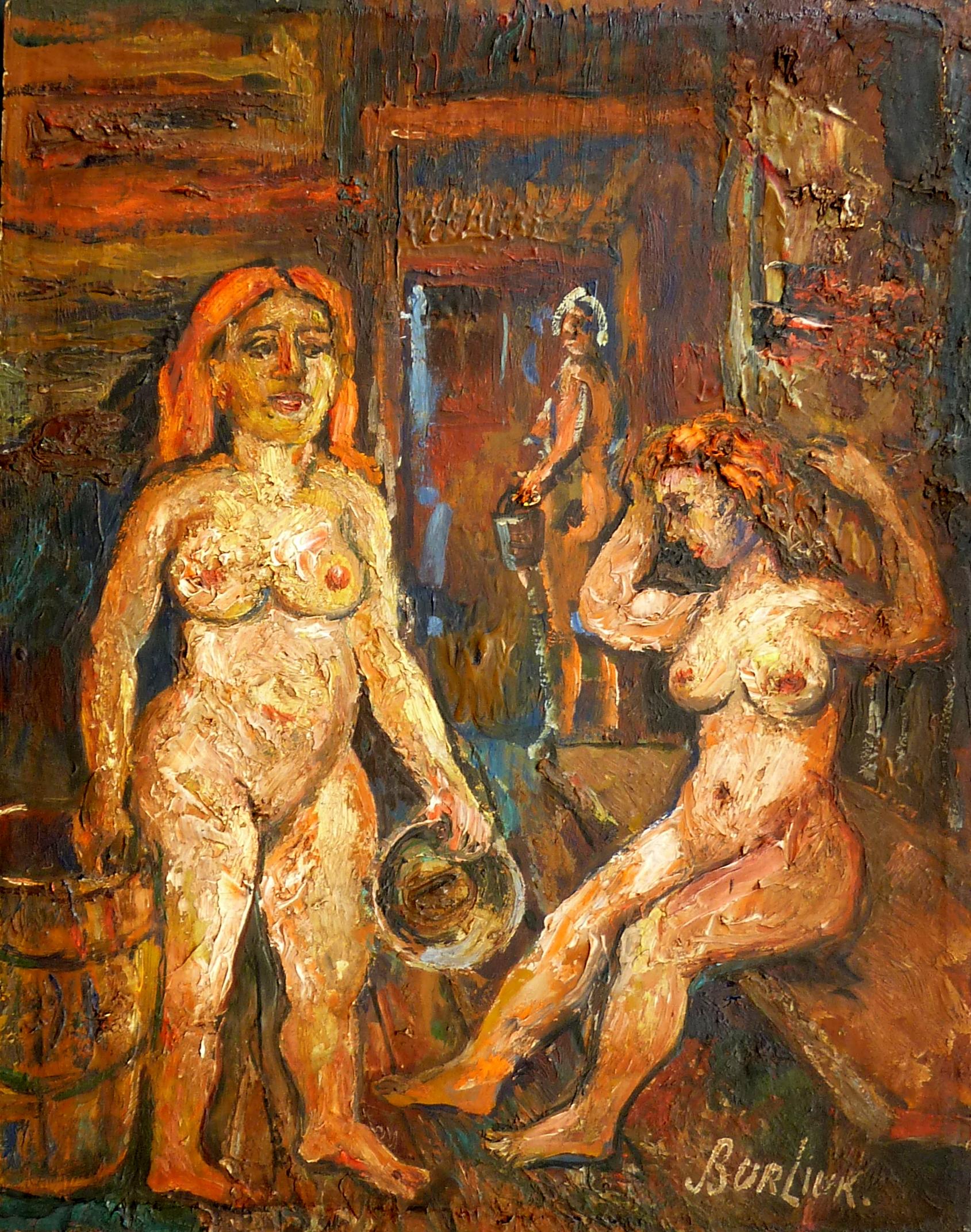 Two Women in the Sauna - Painting by David Burliuk