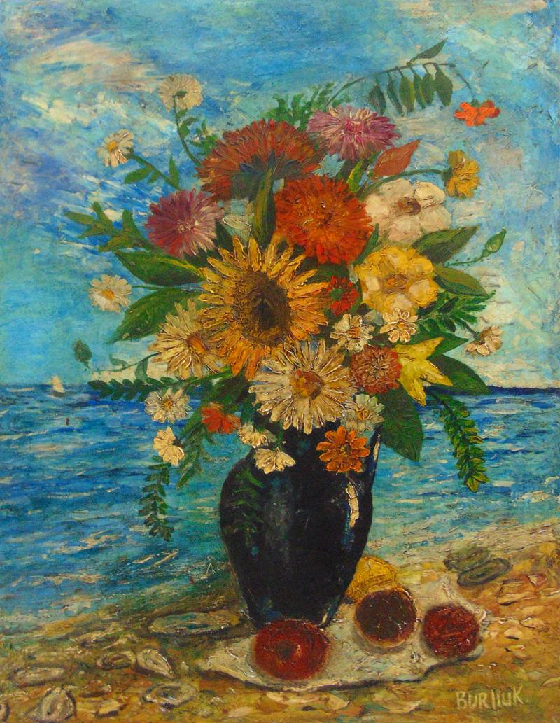 David Burliuk Still-Life Painting - Vase of Flowers on the Seashore