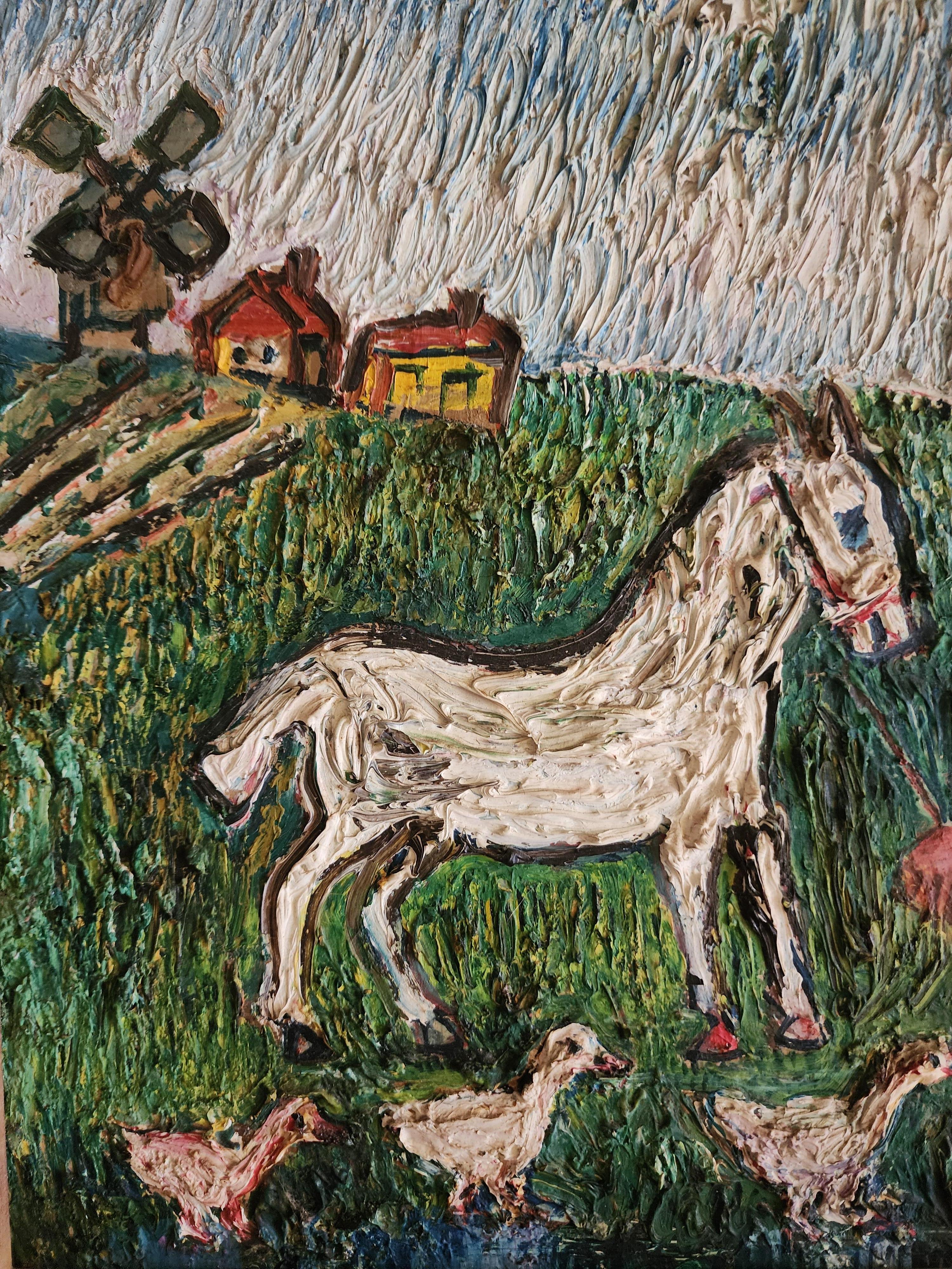 Frau mit einem weißen Pferd (Grau), Landscape Painting, von David Burliuk