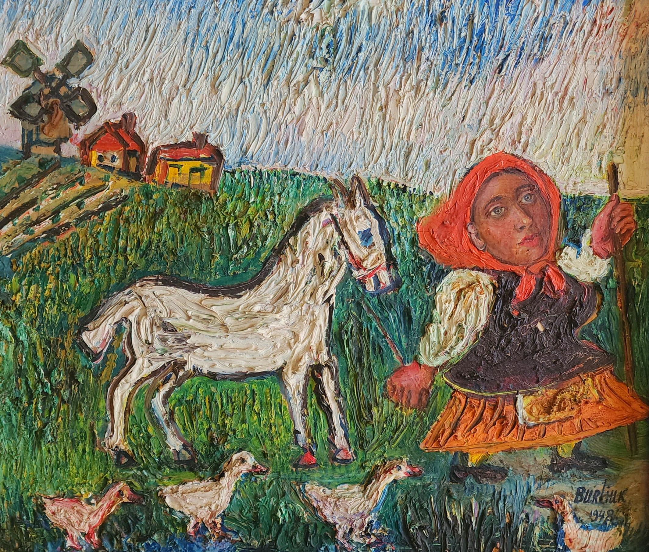 Landscape Painting di David Burliuk - Donna con un cavallo bianco