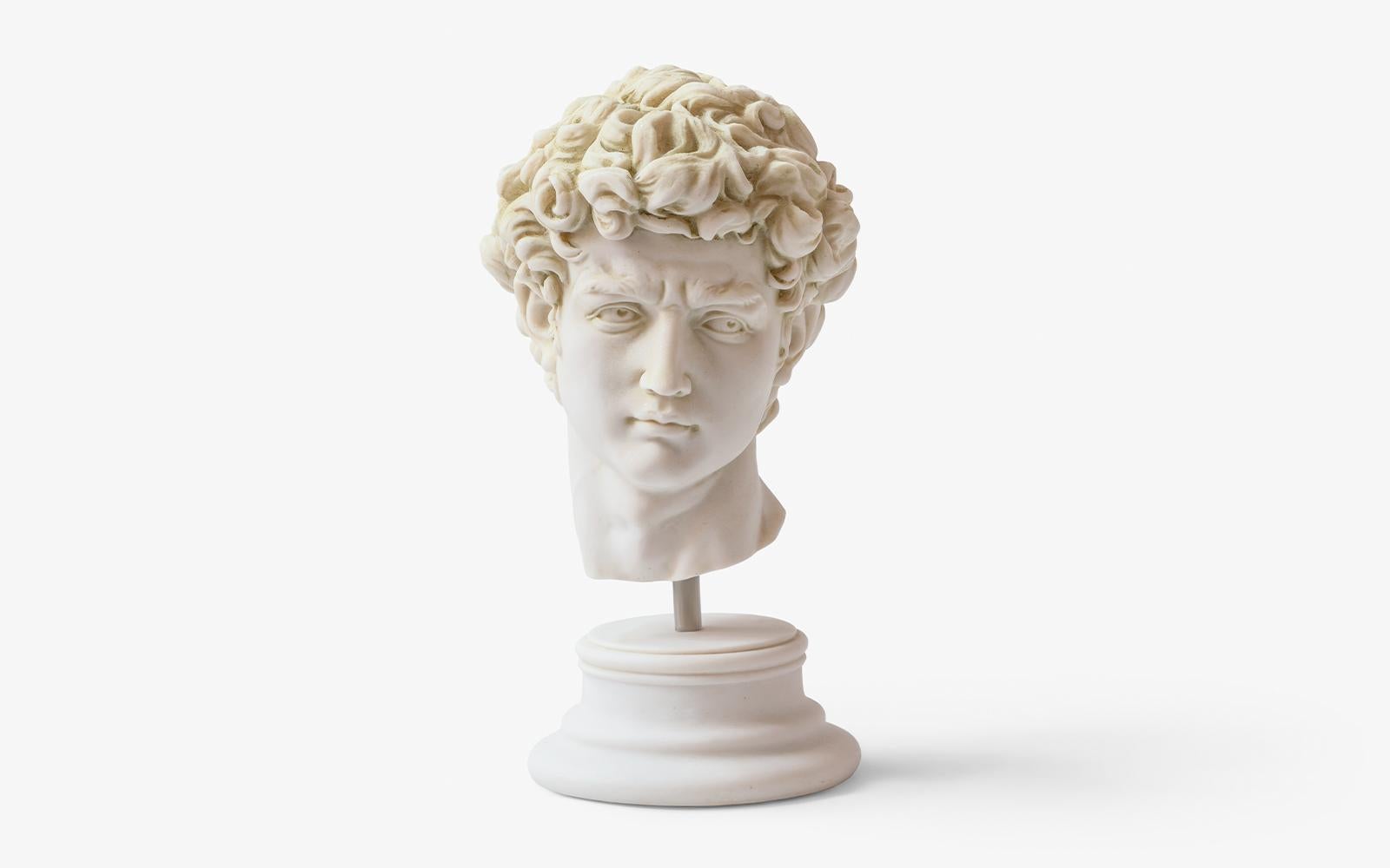 The David bust by Michelangelo is a high-quality replica of the famous David sculpture created by the Italian artist during the Renaissance period. This item is made from pressed marble powder and has a height of 11.8 inches (30 cm) and a weight of
