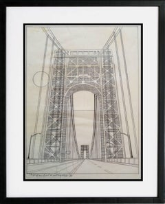 Retro Original 1975 NYC Manhattan coloring book drawing, George Washington Bridge 