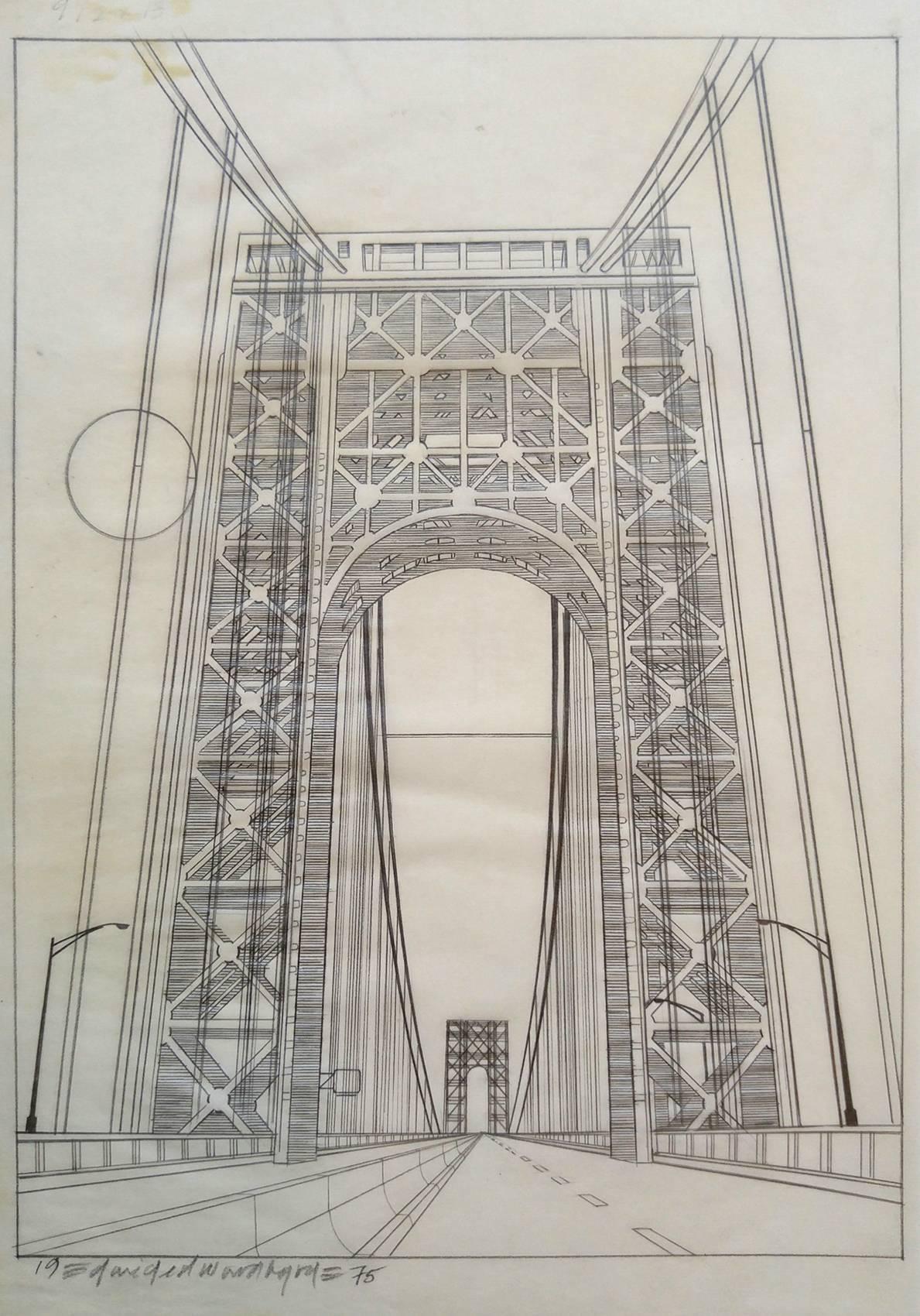 Original NYC Manhattan-Farbbuchzeichnung, George Washington Bridge, 1975 – Art von David Edward Byrd 