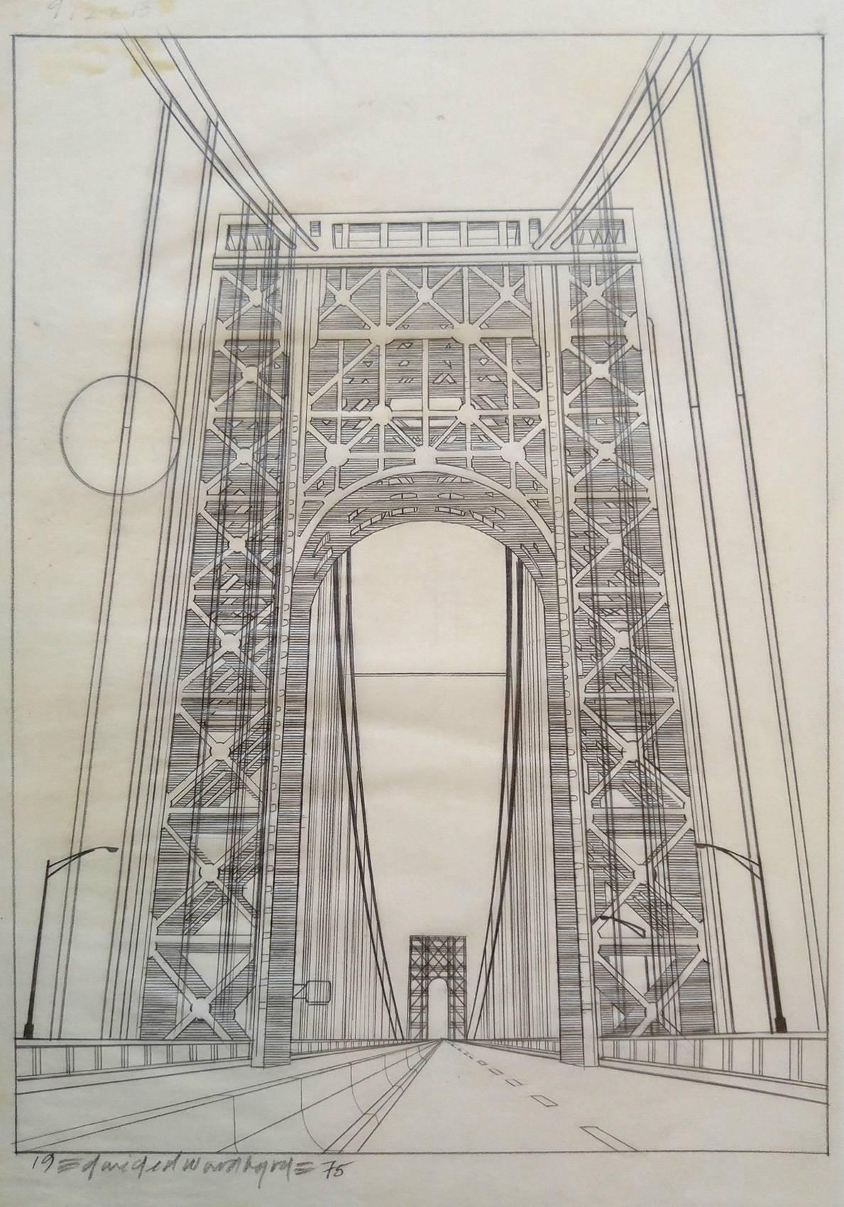 Original 1975 NYC Manhattan coloring book drawing, George Washington Bridge  - Art by David Edward Byrd 