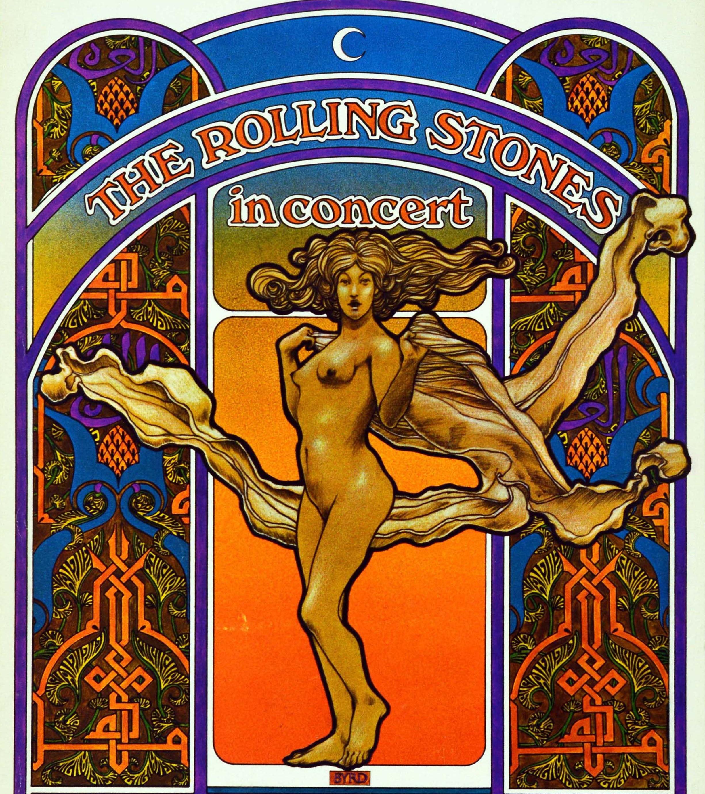 Original vintage music poster for The Rolling Stones in Concert world tour 1969-1970 featuring a vibrant colourful image by the notable American graphic designer David Edward Byrd (b 1941) of an Art Nouveau style figure with flowing hair in the