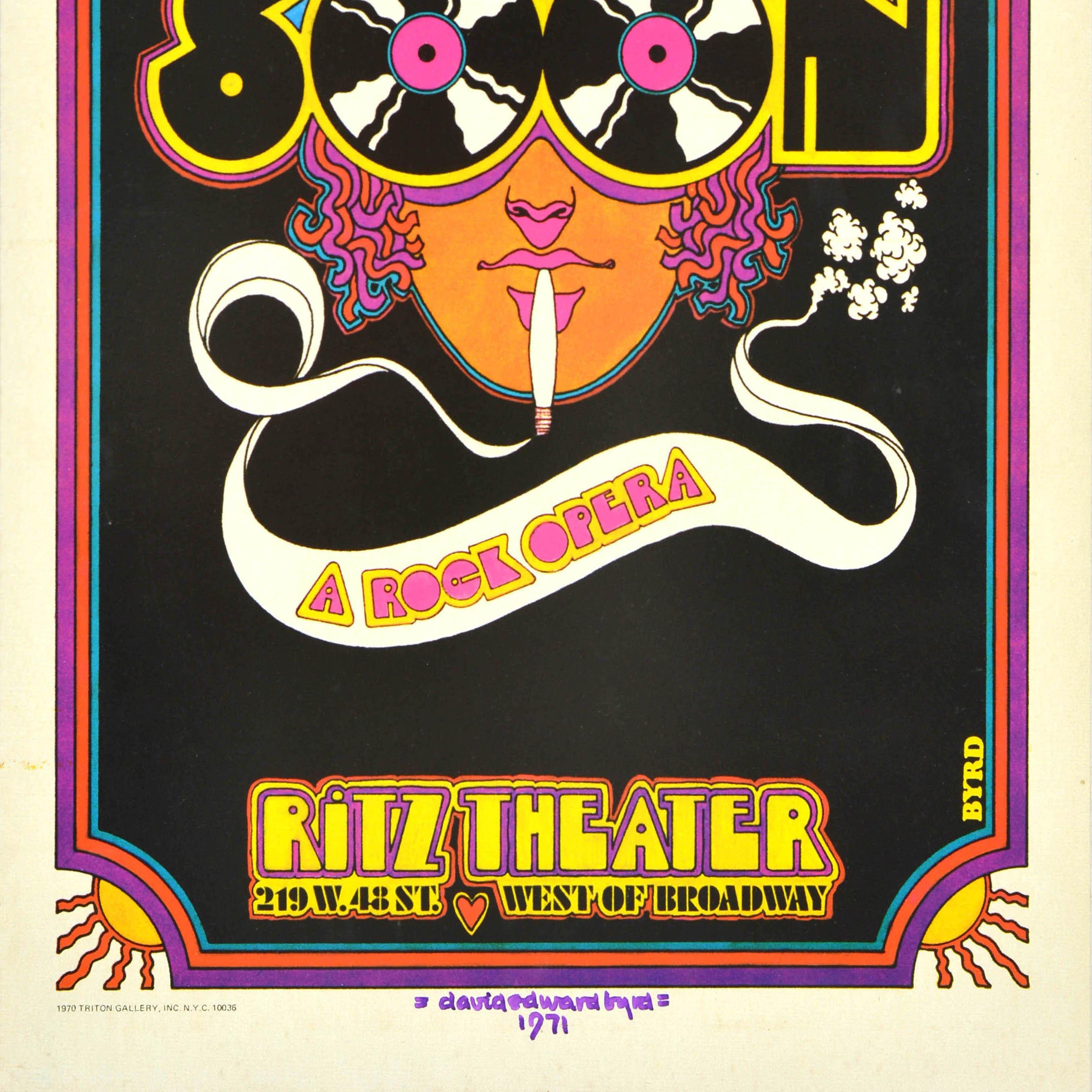 Original vintage musical advertising poster for Soon A Rock Opera Ritz Theater 219 W 48 St West of Broadway based on the story by and with music by the composer Joseph M. Kookoolis and the singer songwriter Scott Fagan and directed by Louis St.