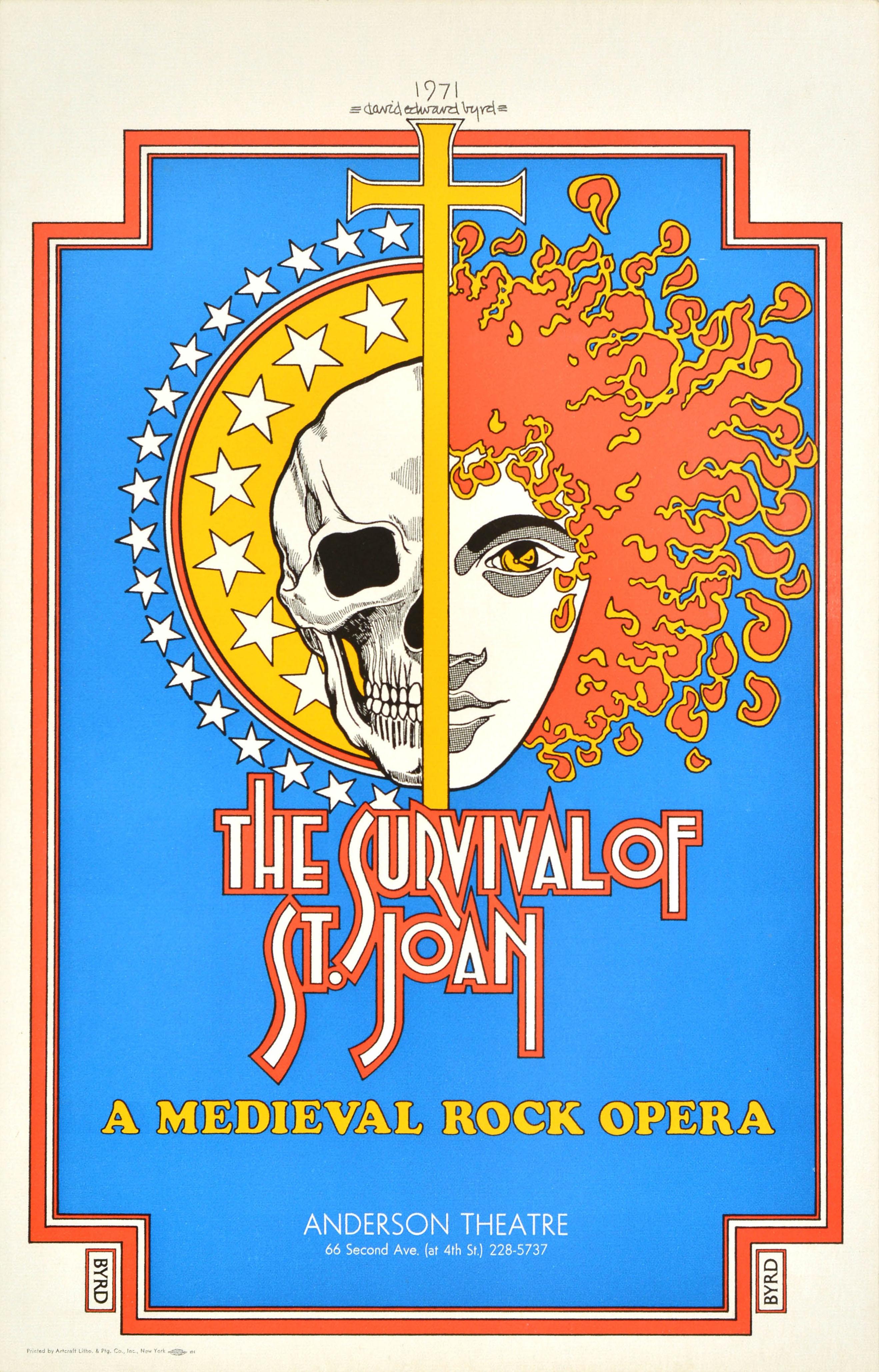 Affiche publicitaire originale pour The Survival of St. Joan Broadway A Medieval Rock Opera Anderson Theatre 66 Second Ave (at 4th St) par le groupe de rock américain Smoke Rise (Gary Ruffin, Hank Ruffin, Stan Ruffin, Randy Bugg ; 1969-1972) basé