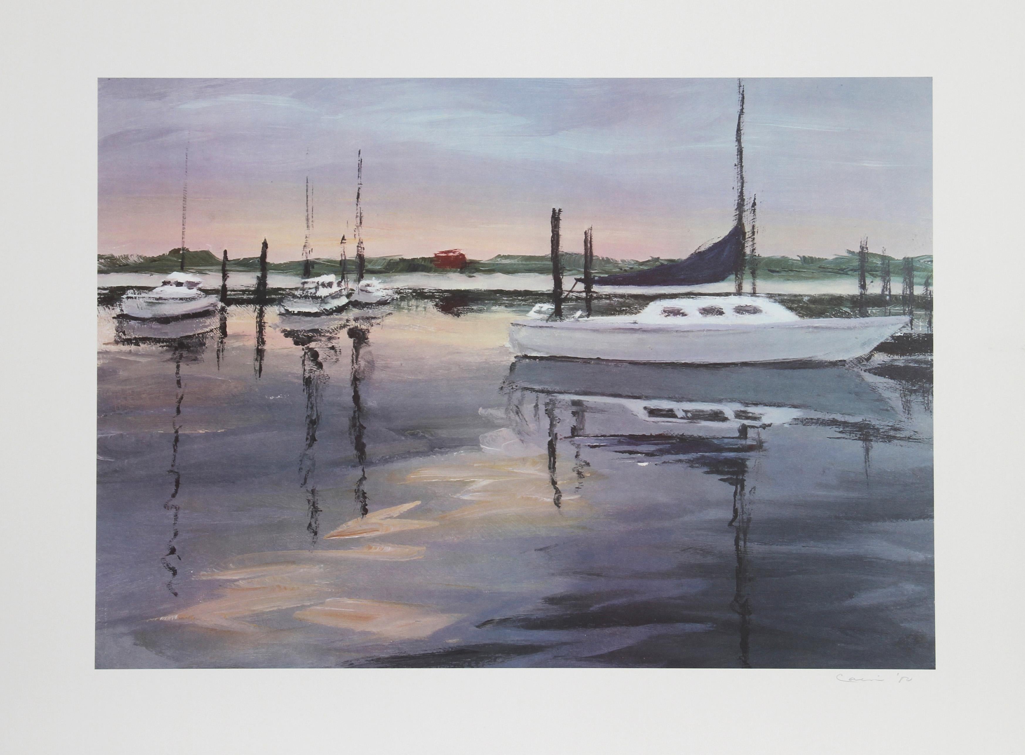 David Cain’s serene depiction of a seaside marina is filled with the light of the setting sun reflecting off of the placid water beside the bobbing boats.

Clinton Marina
David Cain, American (1928–2017)
Date: Circa 1980
Lithograph, signed and