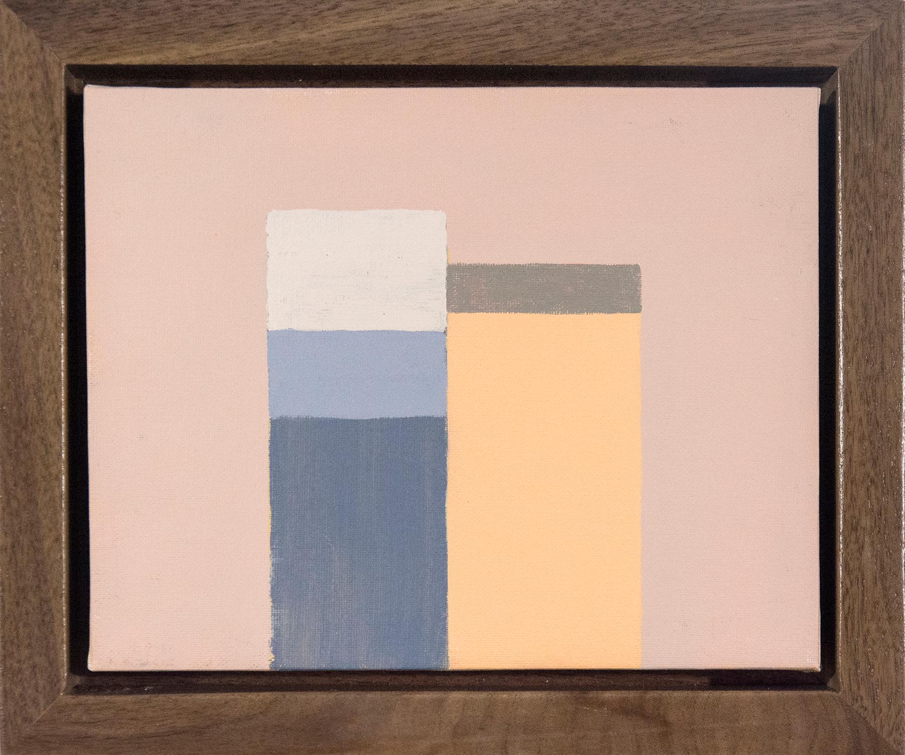 David Cantine Still-Life Painting - Things Plus Tops - small, dark blue, orange, minimalist still life on plexiglass