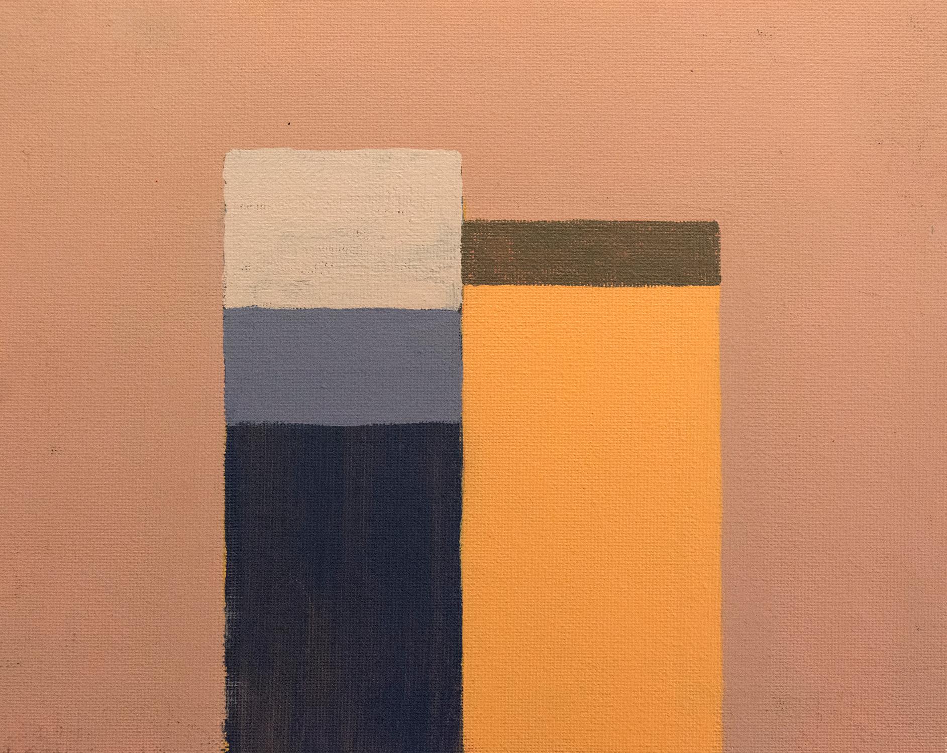 Things Plus Tops - small, dark blue, orange, minimalist still life on plexiglass - Painting by David Cantine