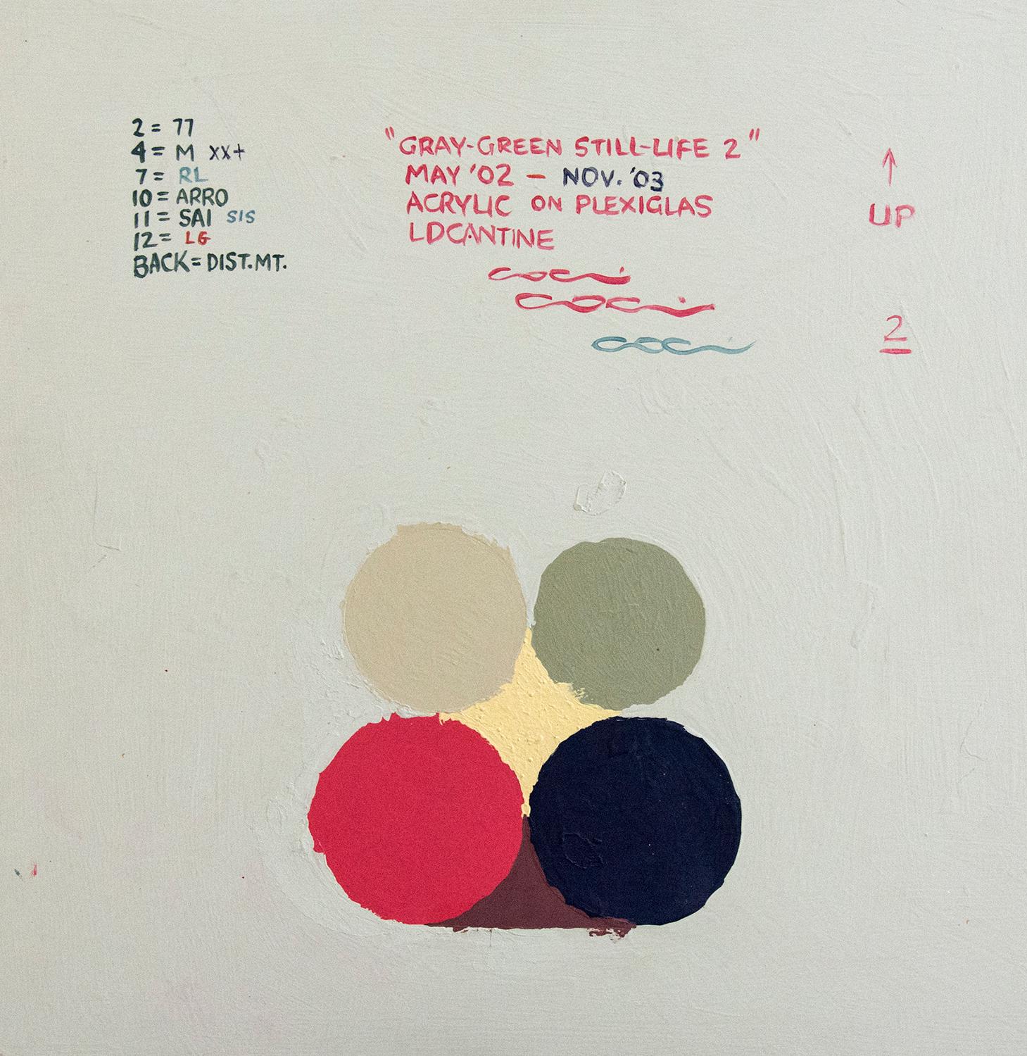 Four precisely configured and stacked circles form a contemplative pyramid at the foot of a square neutral ground. The areas between the shapes in this minimalist still life acrylic on plexiglass are filled with cream and maroon. Cantine's work is a