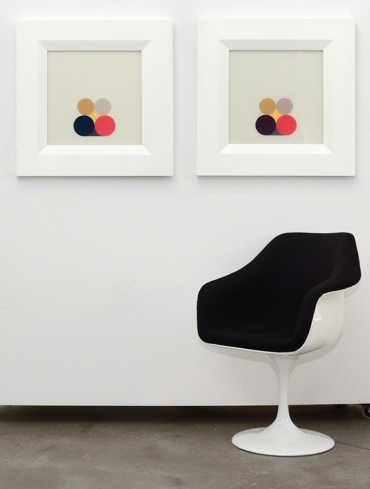 Four precisely configured and stacked circles form a contemplative pyramid at the foot of a square neutral ground. The areas between the shapes in this minimalist still life acrylic on plexiglass are filled with cream and maroon. Cantine's work is a
