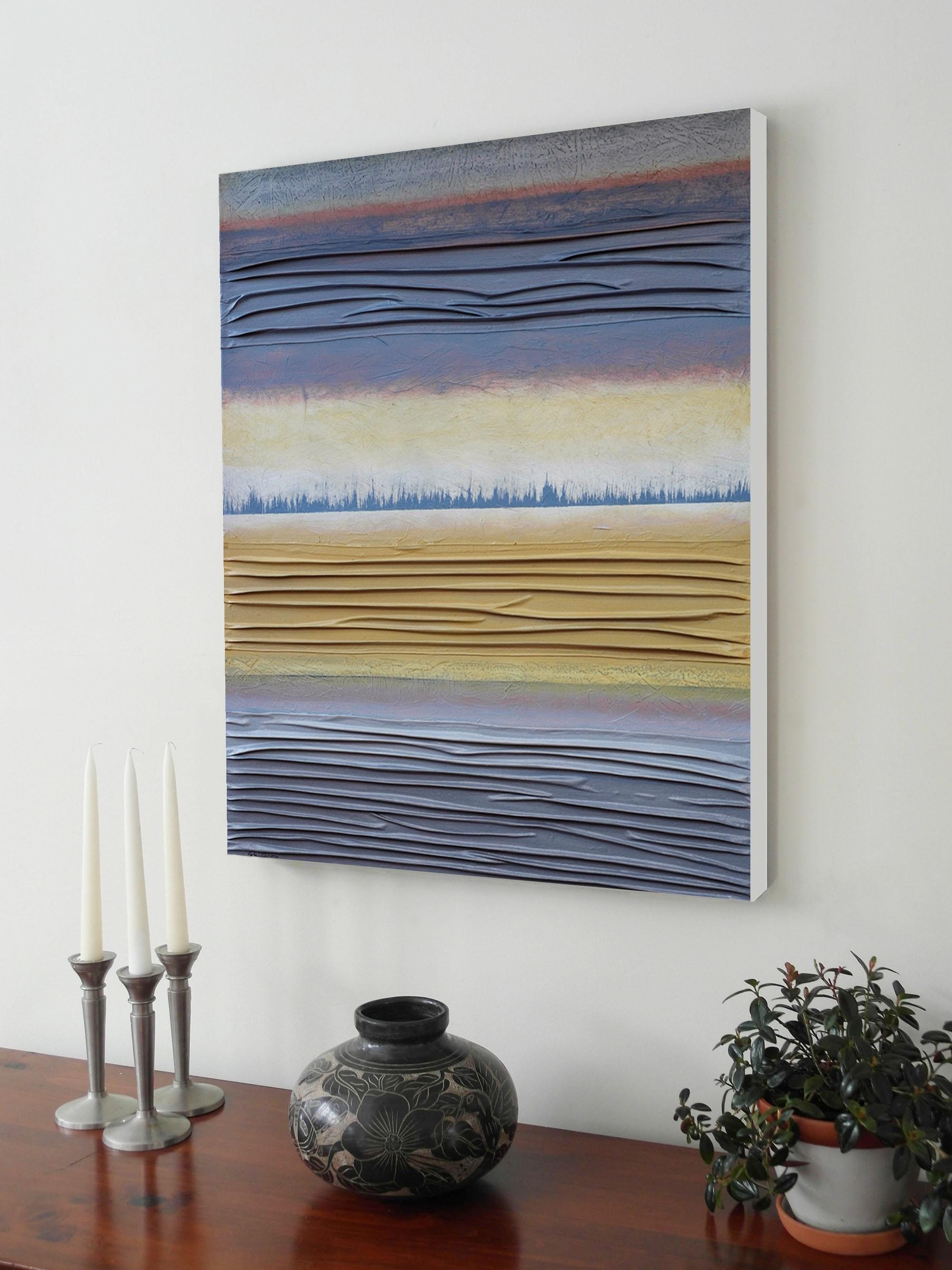 <p>Artist Comments<br />With the suggestion of a sunlit horizon, this mixed media oil painting brings to mind a morning view along the coast, with rippling water in the foreground and slowly rising clouds overhead. David explains that 'adagio' is