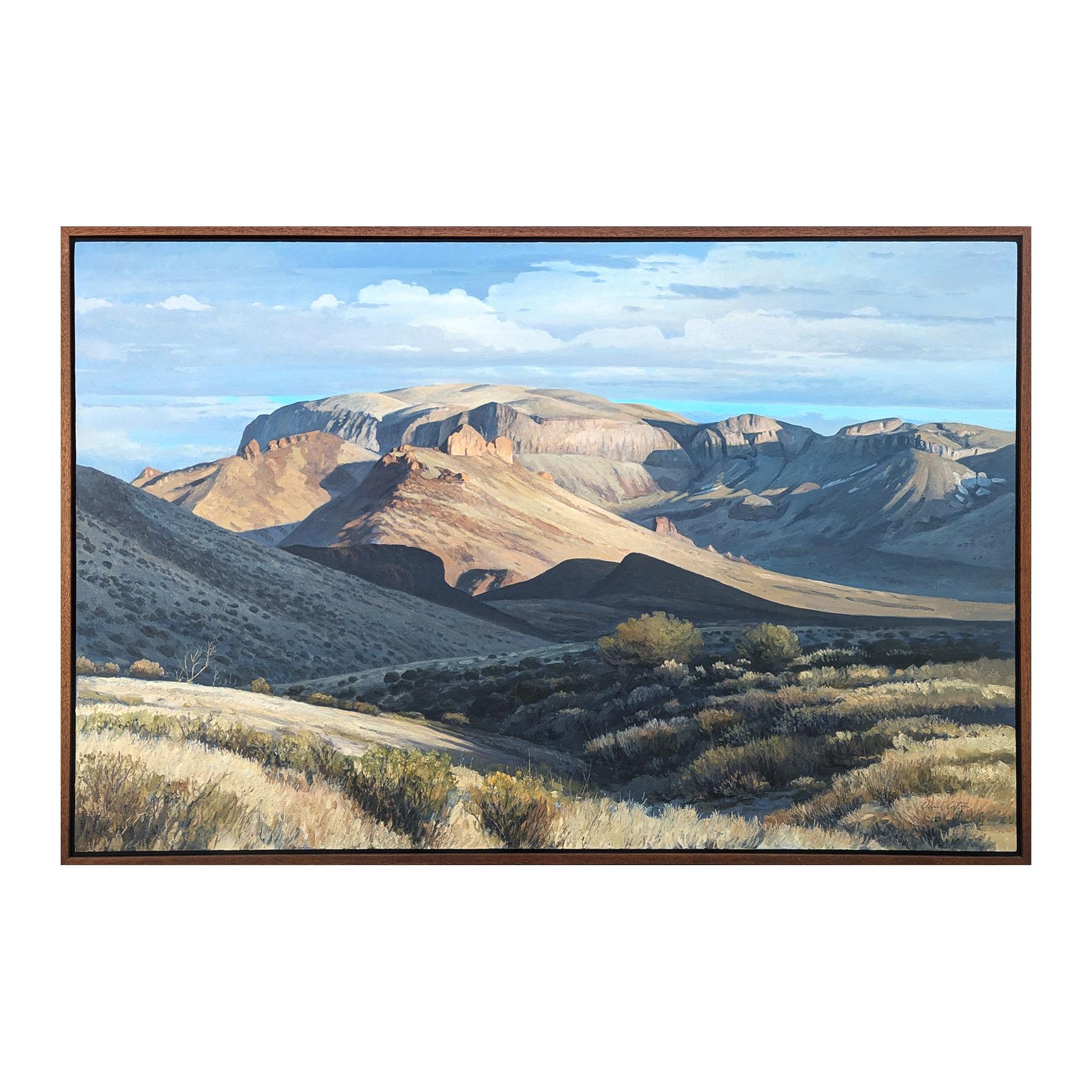 Realistic Pastel Blue and Green Toned Mountain Desert Nature Landscape Painting - Gray Still-Life Painting by David Caton