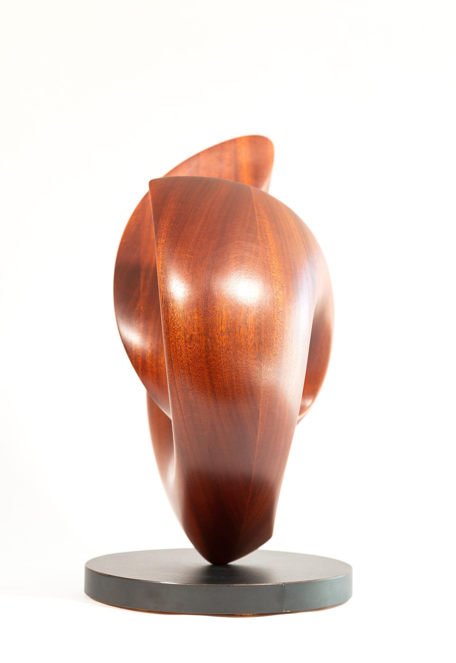 Les courbes gracieuses de cette sculpture contemporaine en acajou massif de David Chamberlain semblent imiter l'image d'un cœur. Sculptée à la main dans un seul morceau de ce bois rare, la forme abstraite est une boucle continue. Le grain