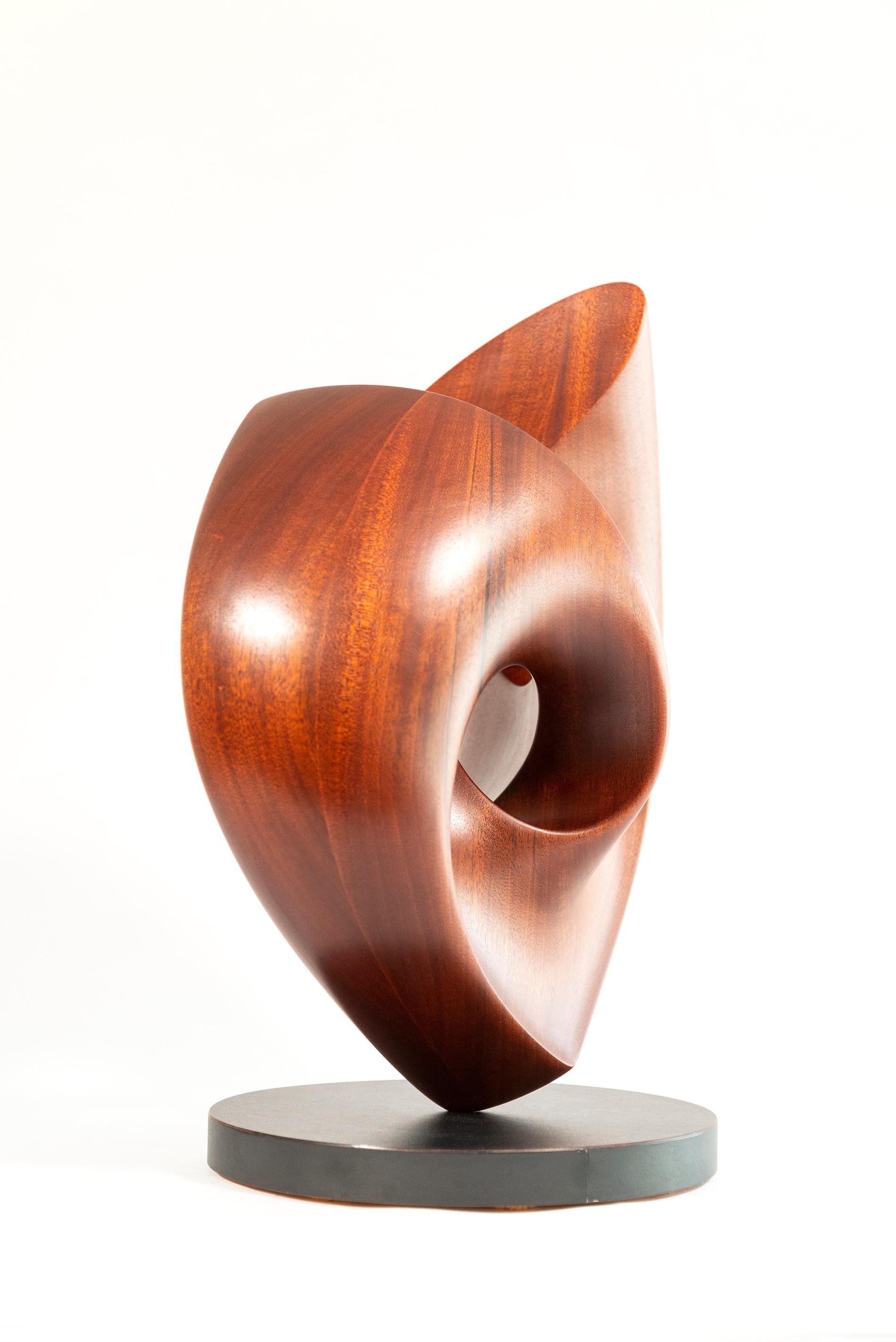 The graceful curves of this contemporary solid mahogany sculpture by David Chamberlain appear to emulate the image of a heart. Hand carved from one piece of this rare wood; the abstract form is one continuous loop. The naturally rich grain is highly