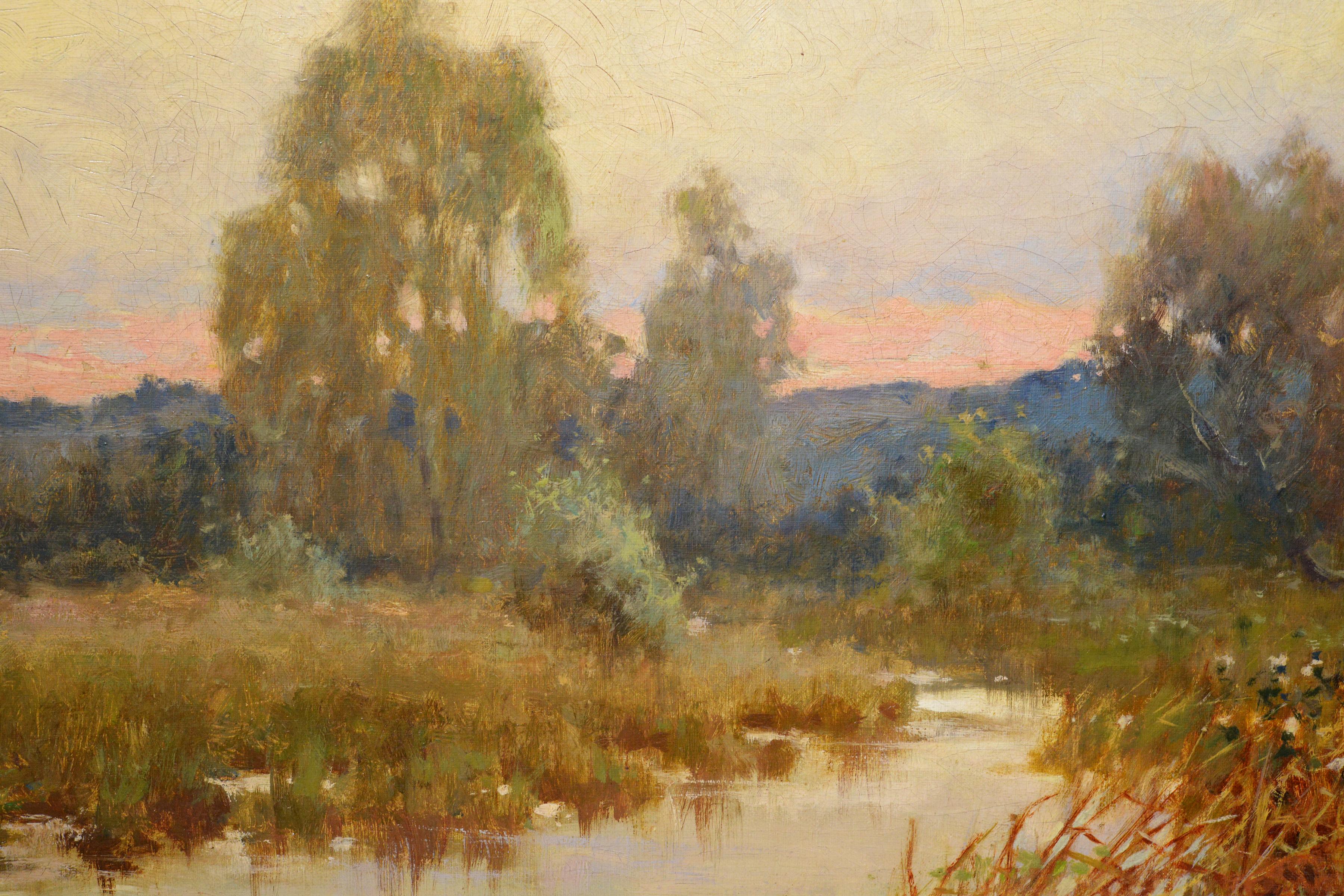 Antique Victorian Countryside Oil Landscape Sunset on River Scene 1890s Signed - Painting by David Charles Jenkins