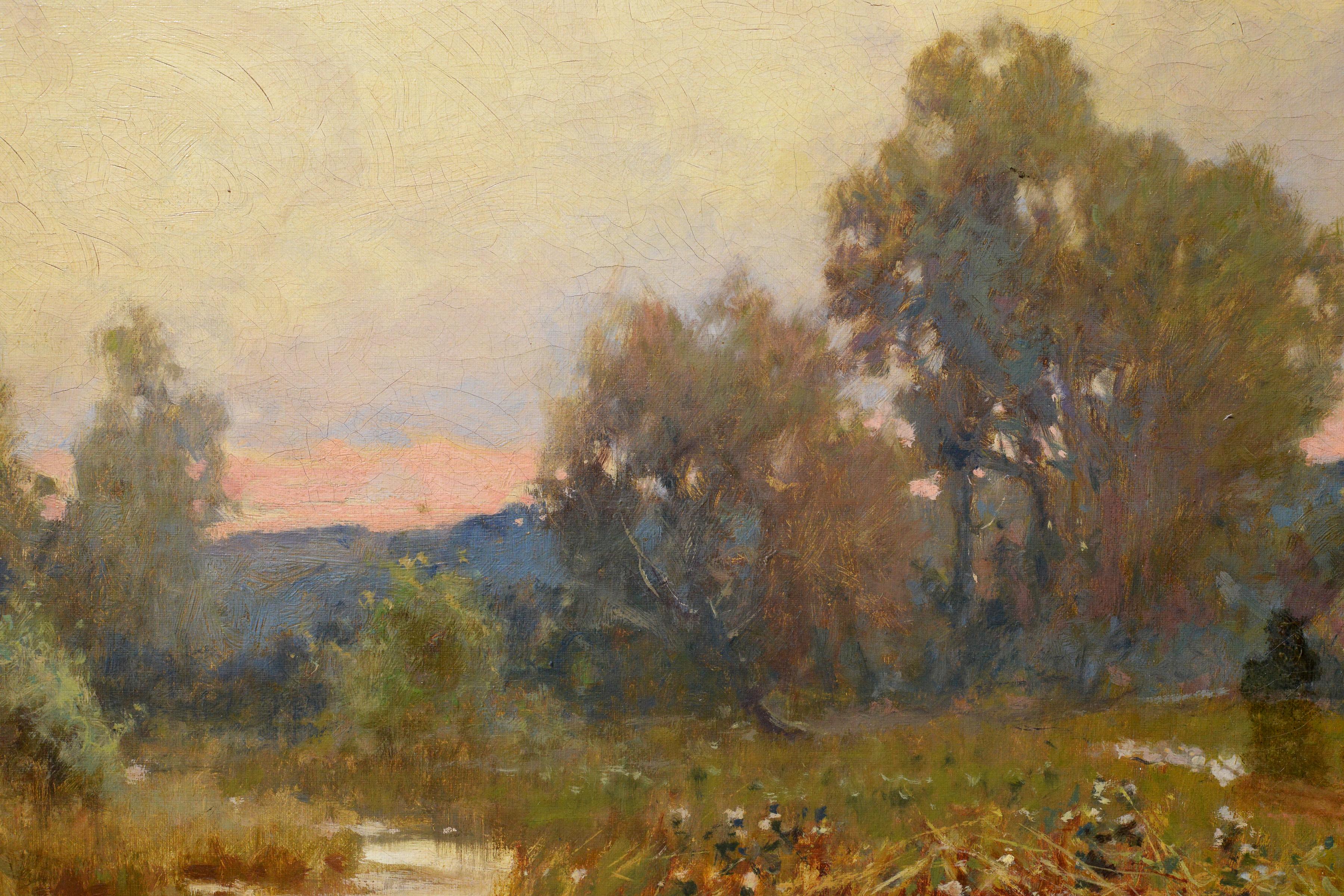 Antique Victorian Countryside Oil Landscape Sunset on River Scene 1890s Signed - Realist Painting by David Charles Jenkins