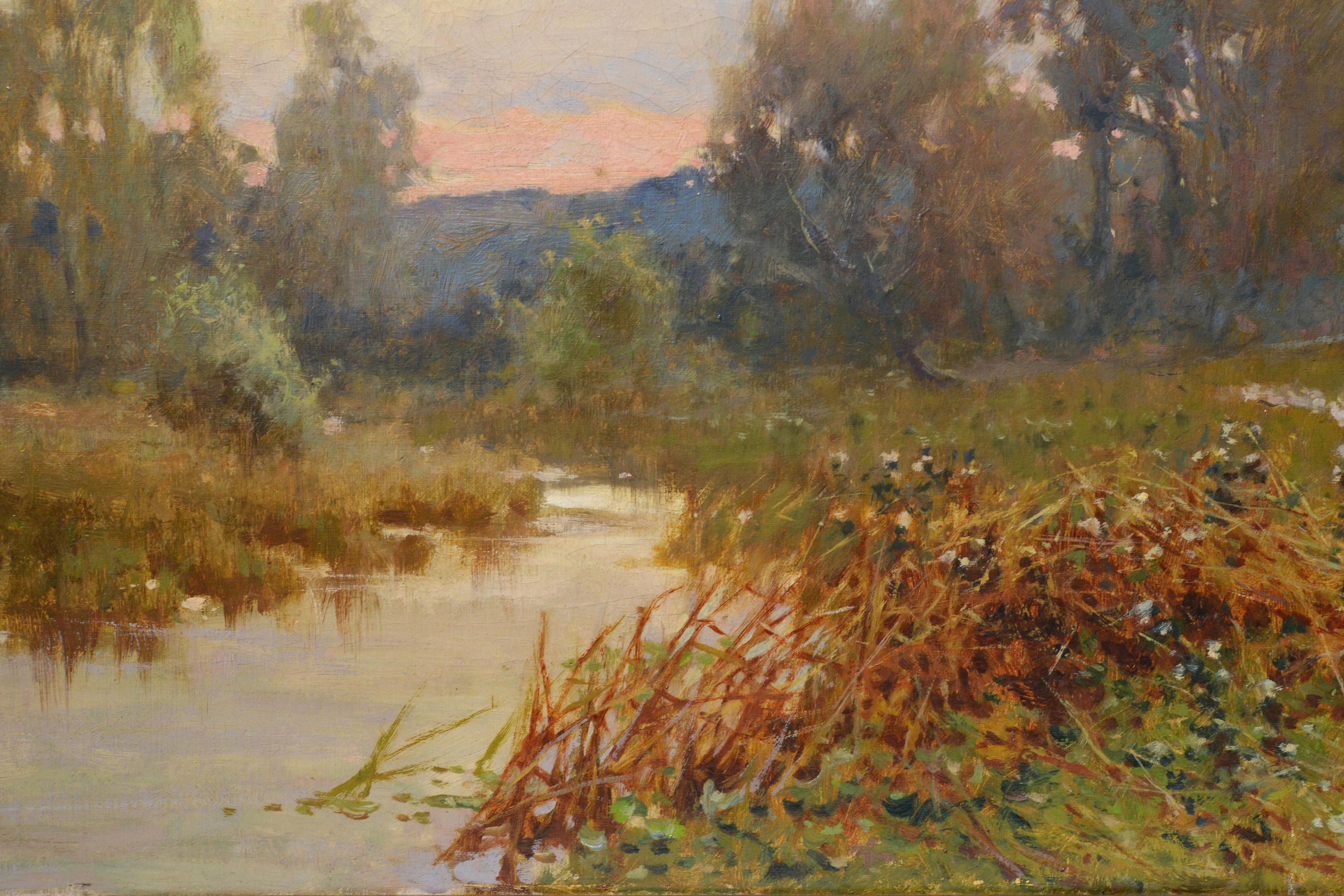 Antique Victorian Countryside Oil Landscape Sunset on River Scene 1890s Signed - Brown Landscape Painting by David Charles Jenkins