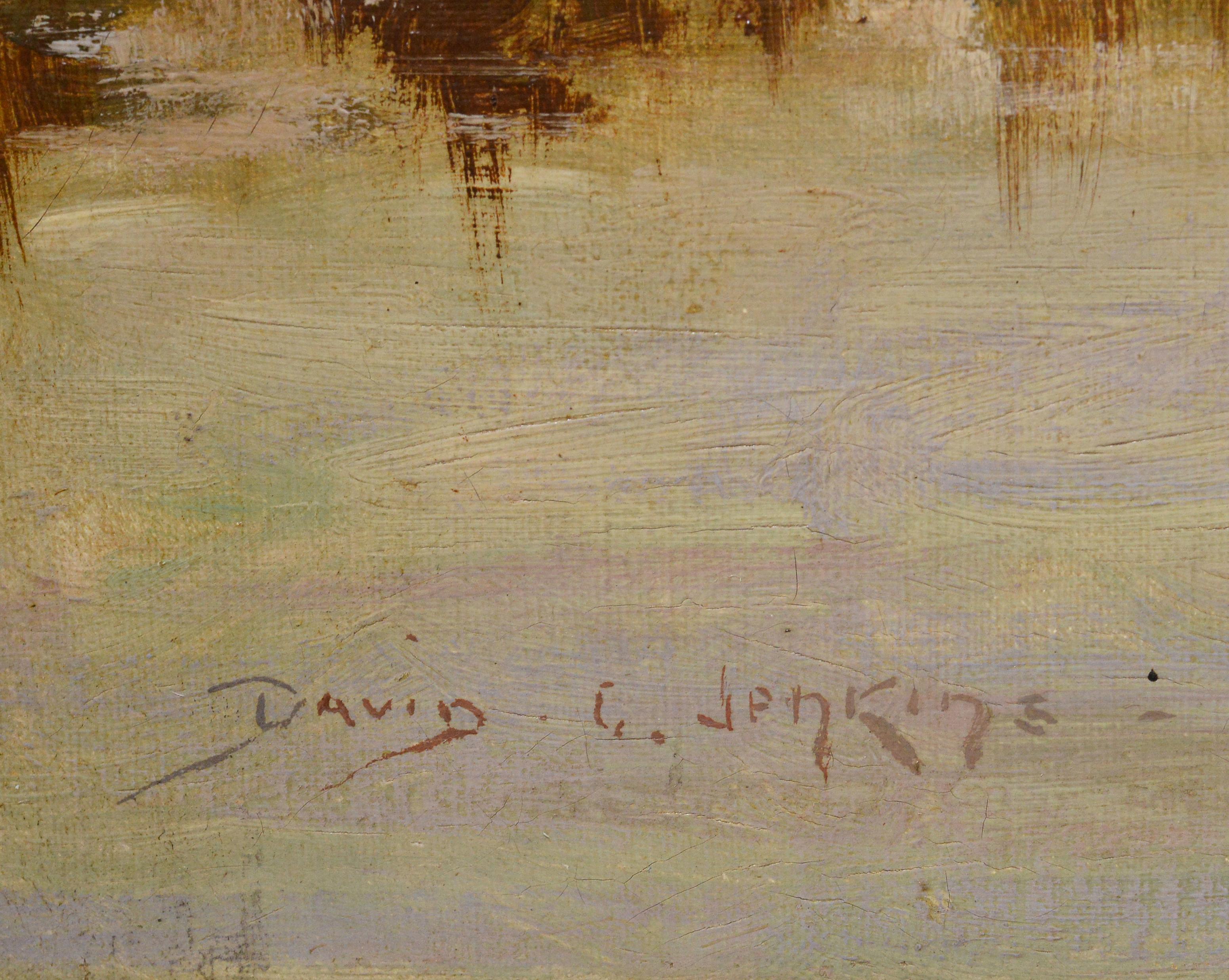 Antique Victorian Countryside Oil Landscape Sunset on River Scene 1890s Signed For Sale 1